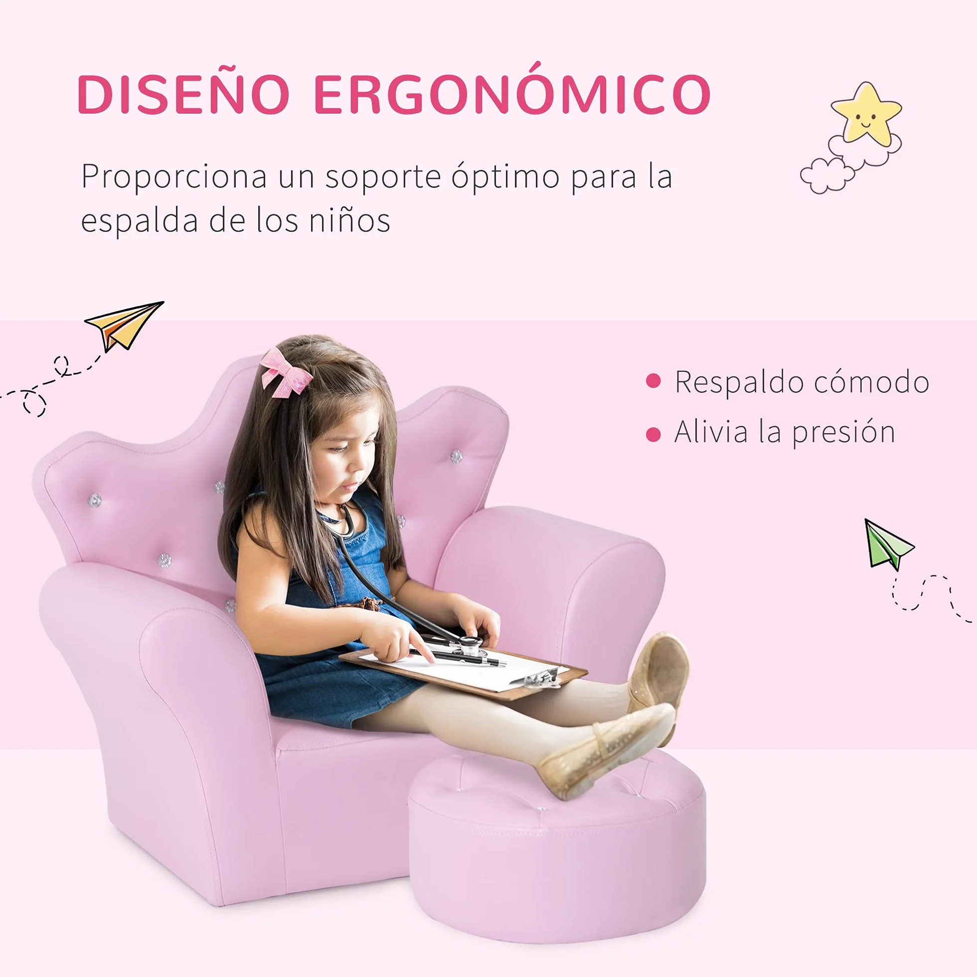 HOMCOM Sofá Infantil con Reposapiés, Sillón Decorativo Respaldo Corona, 58x40.5x49 cm Rosa