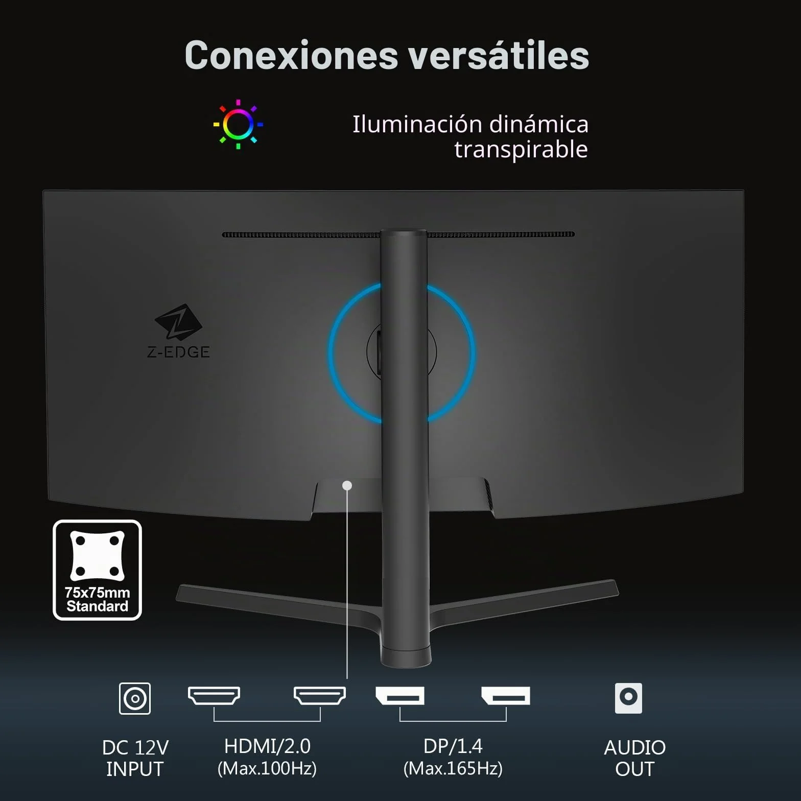 Z-Edge Monitor Gaming Curvo 34 Pulgadas, 165Hz, 3440x1440, 1ms MPRT, Altura & Inclinación Ajustables, Pantalla Ultra Ancho 21:9, FreeSync, 1500R VA, 2* HDMI2.0 &2* DP1.4, RGB, VESA 100 * 100mm