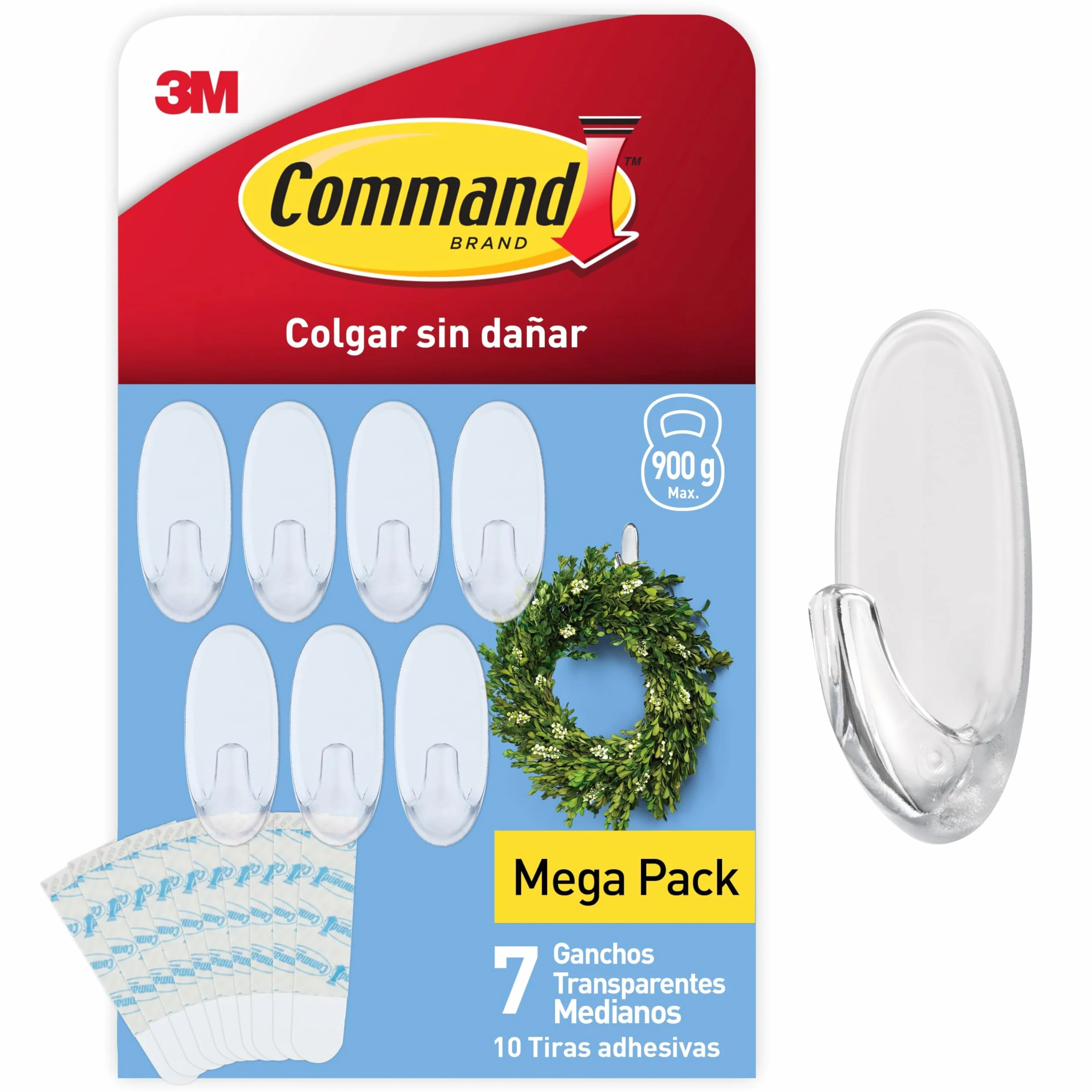 Command Ganchos Transparentes Medianos Paquete Múltiple 7 Ganchos + 10 Tiras Adhesivas 900 g