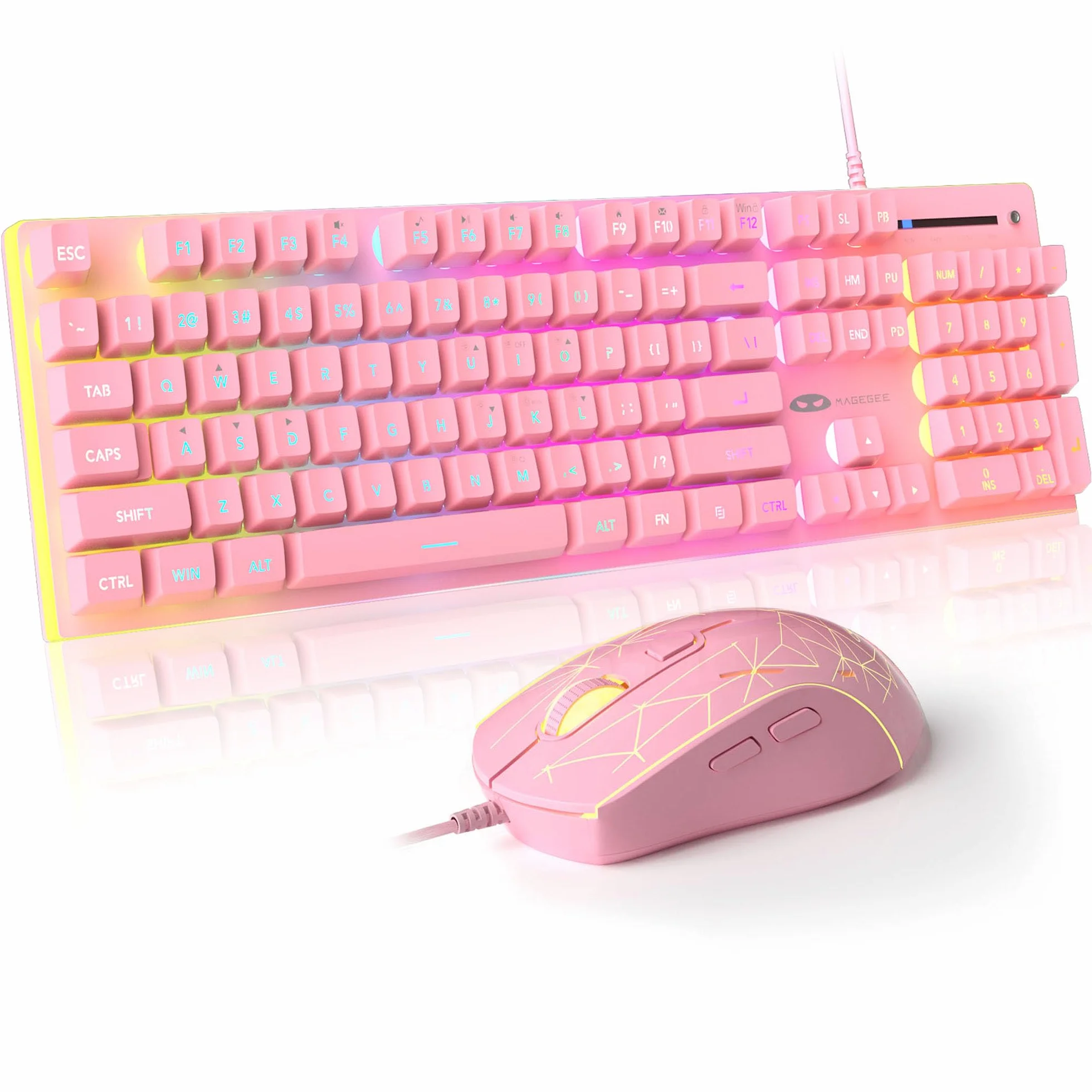 MageGee GT838 - Combo de teclado y mouse para juegos, 104 teclas RGB retroiluminadas, silenciosos, con cable, para laptop, PC, Mac, con almohadilla numérica, panel de metal, antifantasma, rosa
