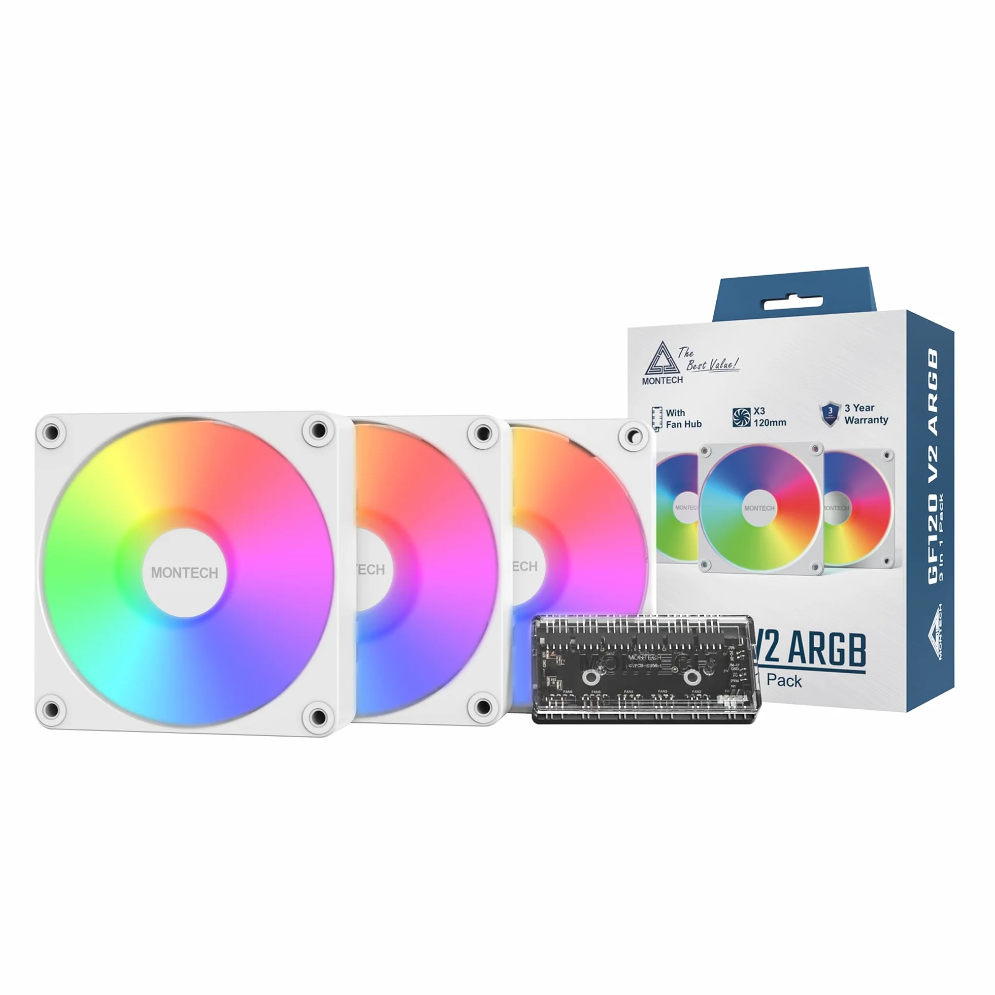 MONTECH GF120 V2 ARGB Ventilador de caja de 120 mm, diseño elegante y minimalista, alto flujo de aire, rodamiento hidráulico, rendimiento silencioso, iluminación ARGB vibrante, paquete 3 en 1 con hub