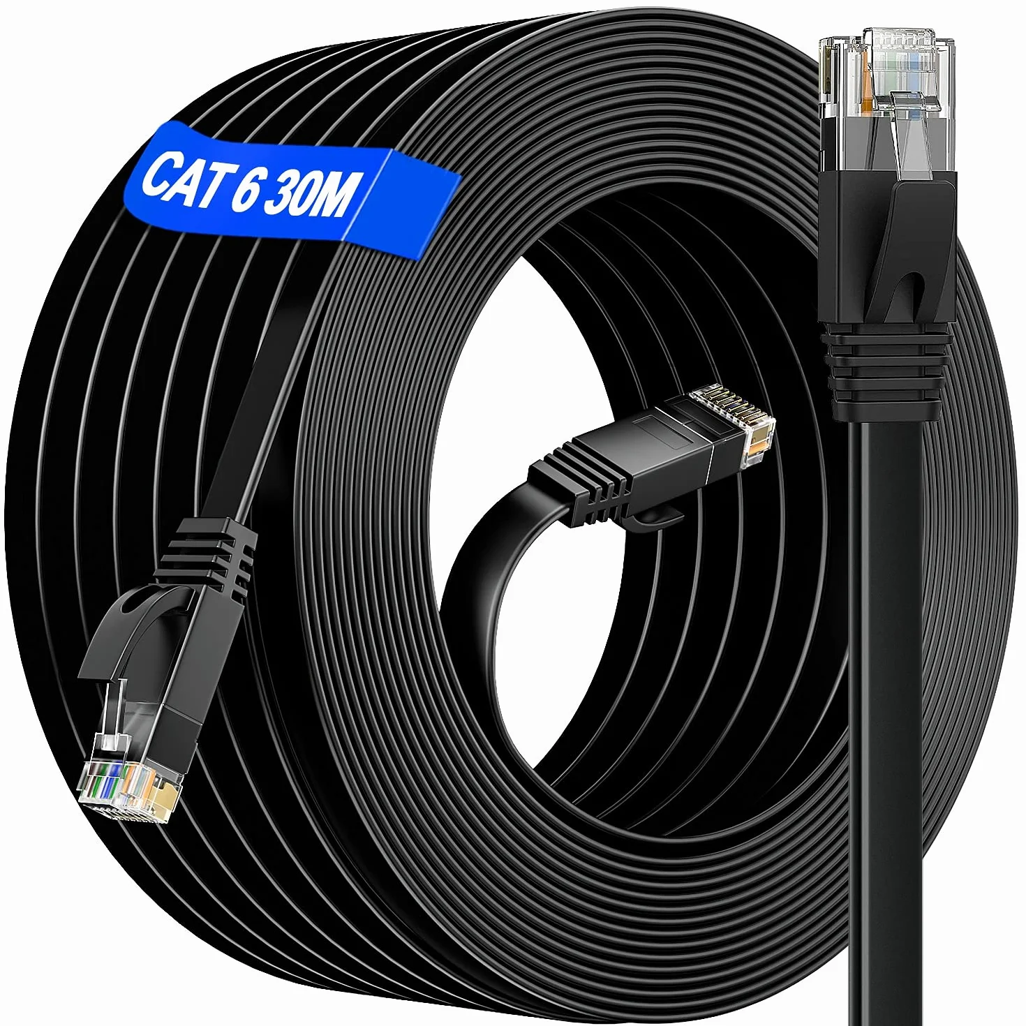 Cable Ethernet 30 metros, Cat 6 alta Velocidad Cable de Red Rj45 30m Plano Cable Internet Gigabit, Cable LAN Cat6 Impermeables Exterior Interior, Más Rápido que Cat5E/Cat5 para Router MóDem (30 Clips)