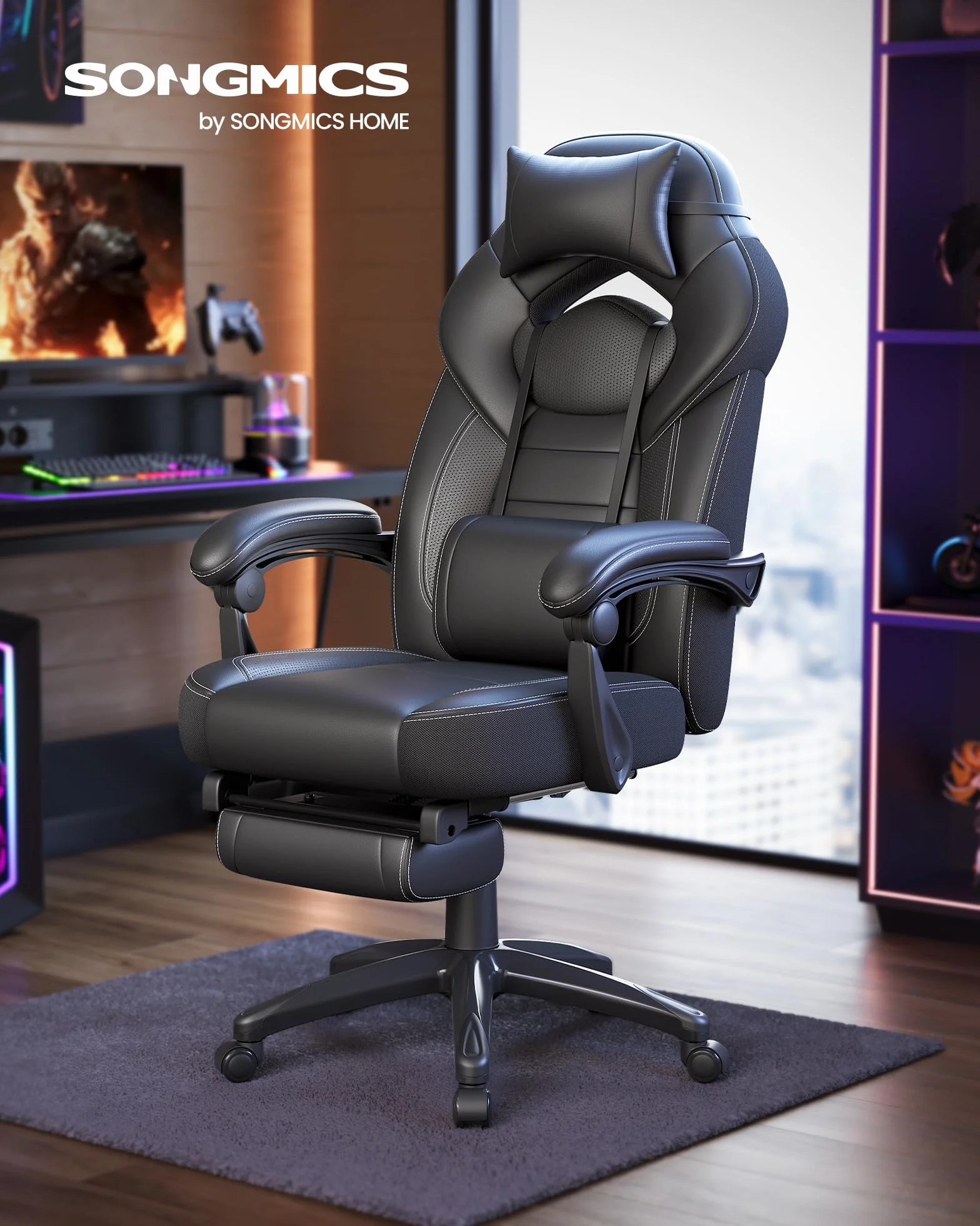 SONGMICS Silla Gaming Ergonómica con Reposapiés y Reposacabezas Ajustable, 150 kg, Negro