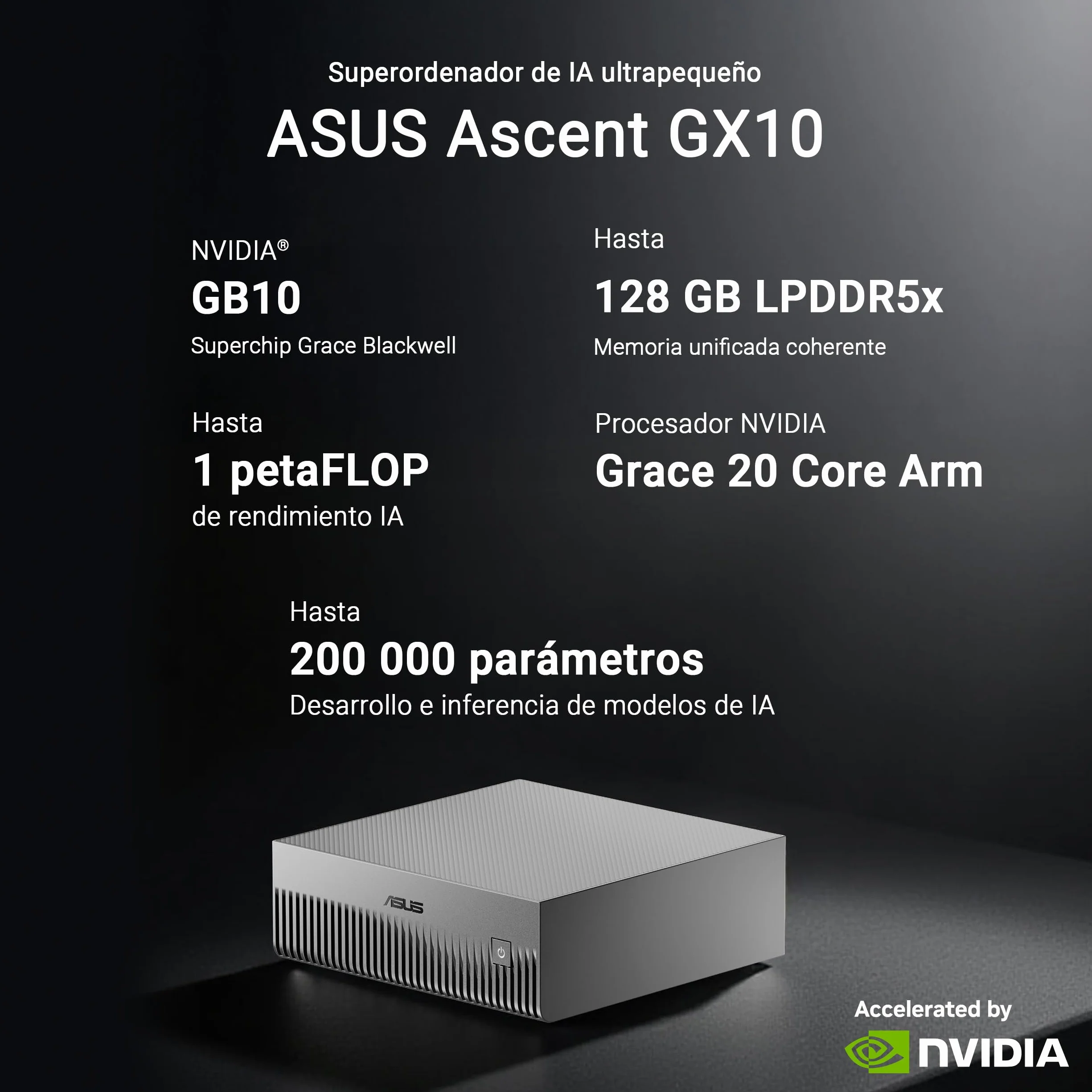 ASUS Ascent GX10 Ordenador de sobremesa 128GB LPDDR5X 1TB SSD NVIDIA GB10 Blackwell GPU
