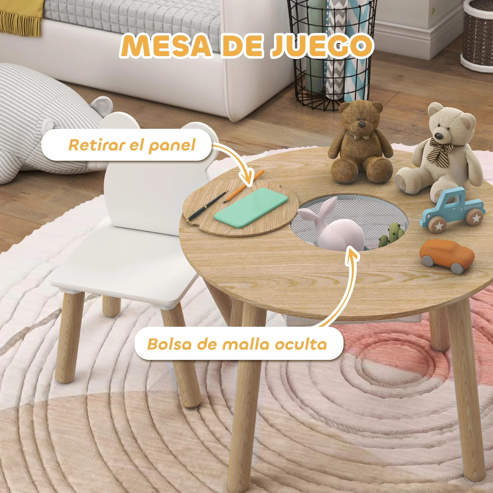 AIYAPLAY Mesa y Sillas Infantiles de 3 Piezas con Almacenaje para Niños 3-6 Años Guardería Sala de Juegos Natural