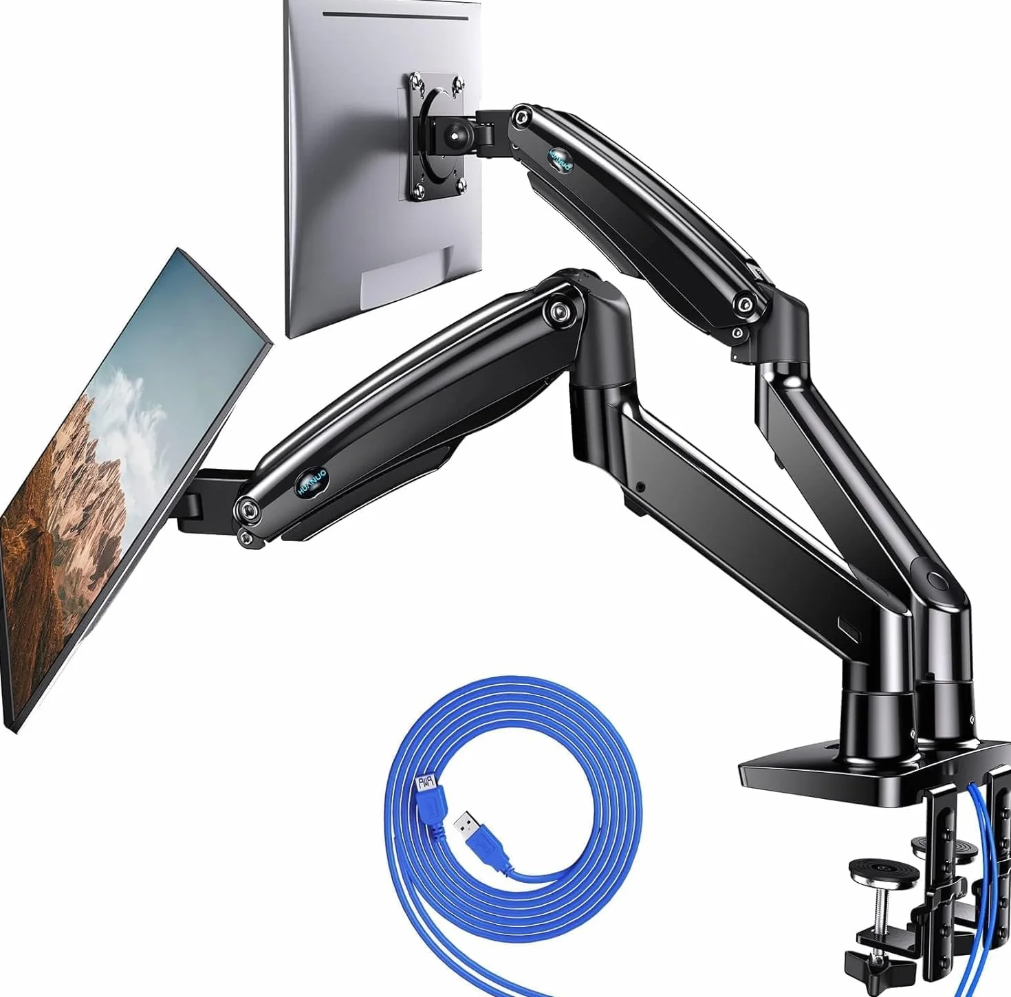 HUANUO Soporte Monitor Doble para 13 a 40 pulg, Brazo Monitor Doble con USB, Ajustable en Altura,VESA con Base Abraz C/Grommet, Cada Brazo Soporta hasta 12kg, HNDS7