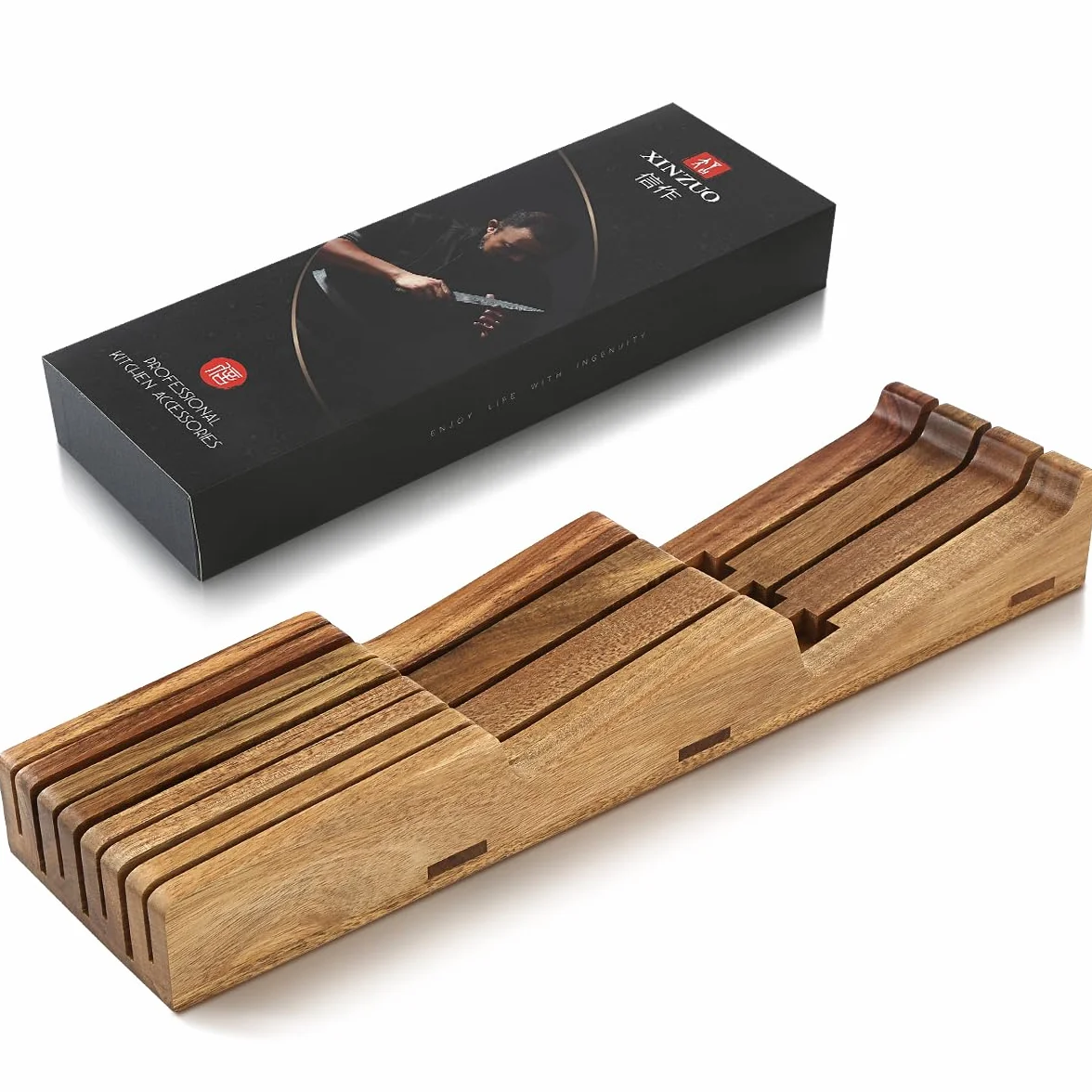 XINZUO Madera de Acacia de Bloque Portacuchillos para Cajones 43,6x11,5x5,3cm Reposacuchillos -Organizador de Cuchillos para Cajón para 3 Cuchillos Largos+4 Cortos (Sin Cuchillos)-Con Caja de Regalo