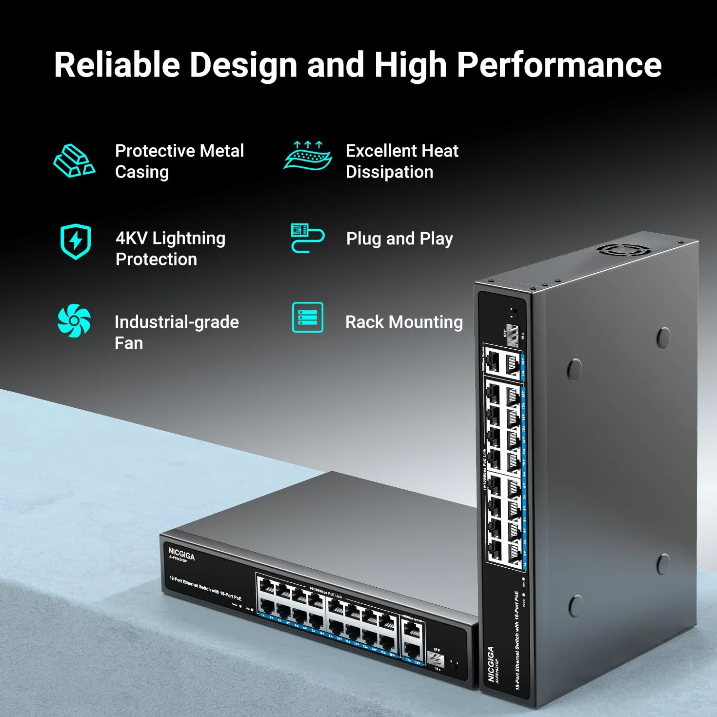 Conmutador PoE de 16 Puertos no administrado,16 Puertos PoE a 250W,2 Puertos de Enlace Ascendente Gigabit,1 Puerto SFP,conmutador de Red NICGIGA de 19 Puertos con alimentación a través de Ethernet