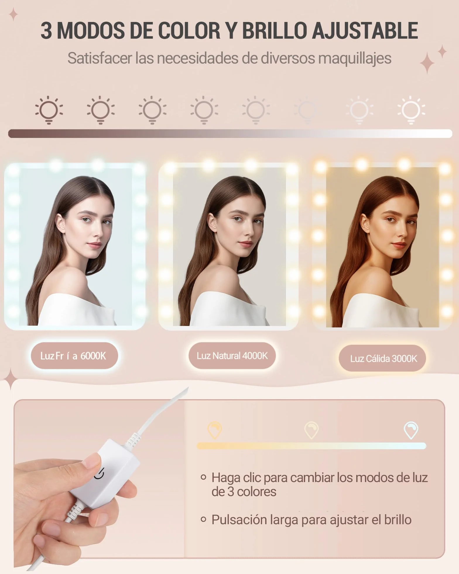 Hzuaneri 90 cm Tocador con Espejo, Maquillaje con Luz, 3 Brillo Ajustable, 2 Cajones, 4 Estantes, 2 Compartimentos, Moderno, Blanco