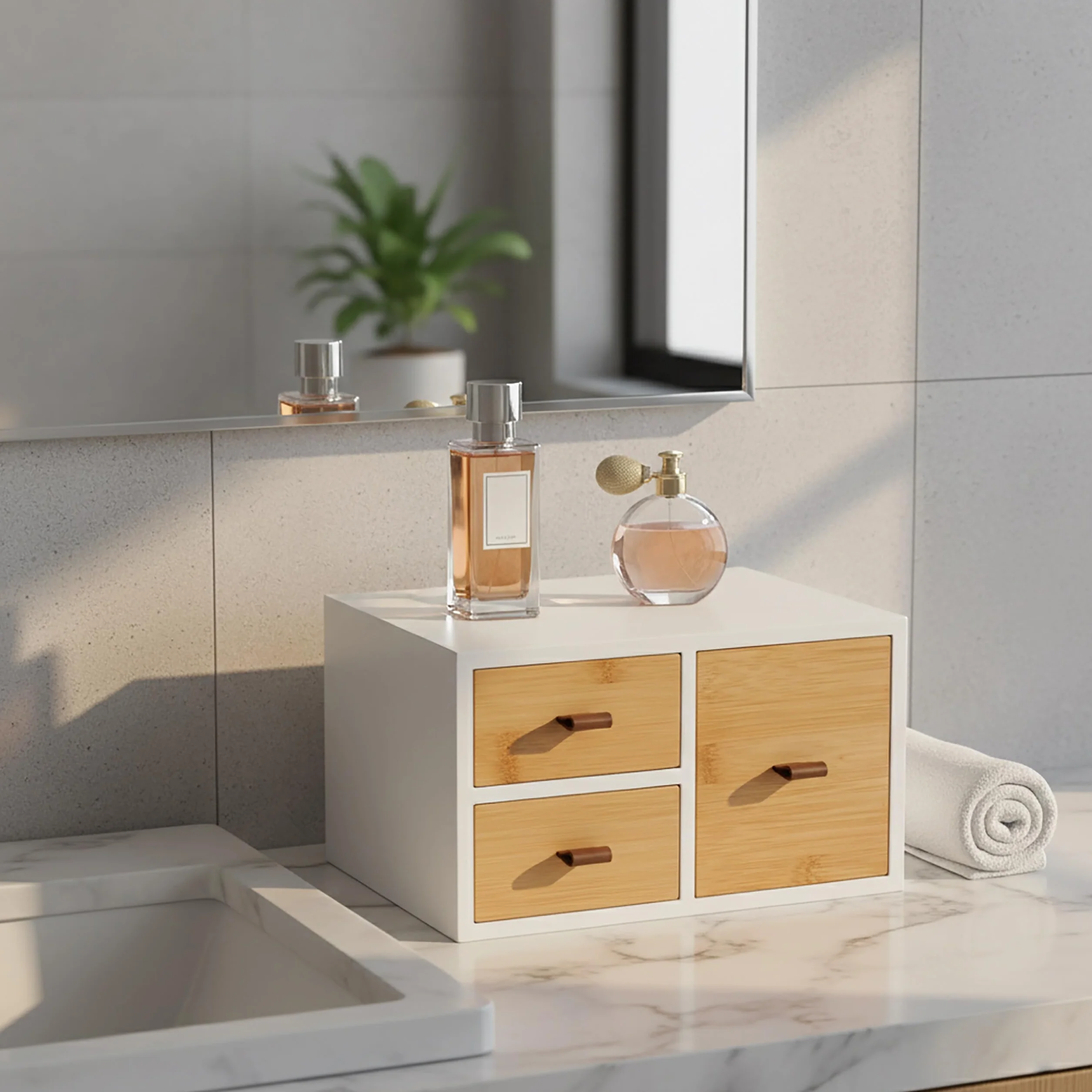 Relaxdays Caja con Cajones de Bambú y MDF, 3 Cajones, Organizador de Escritorio, 15x25x20 cm, Natural/Blanco