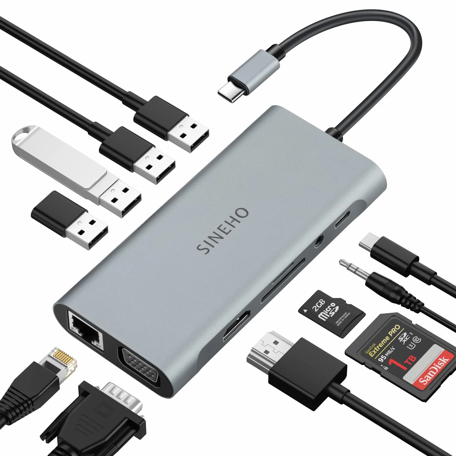 11 en 1 Docking Station USB C HUB USB C, Adaptador USB C con HDMI 4K, VGA, Ethernet, 4 Puertos USB, SD/TF, 100W PD, Audio 3.5mm, Compatible con MacBook Pro/Air, Surface, DELL, HP y más