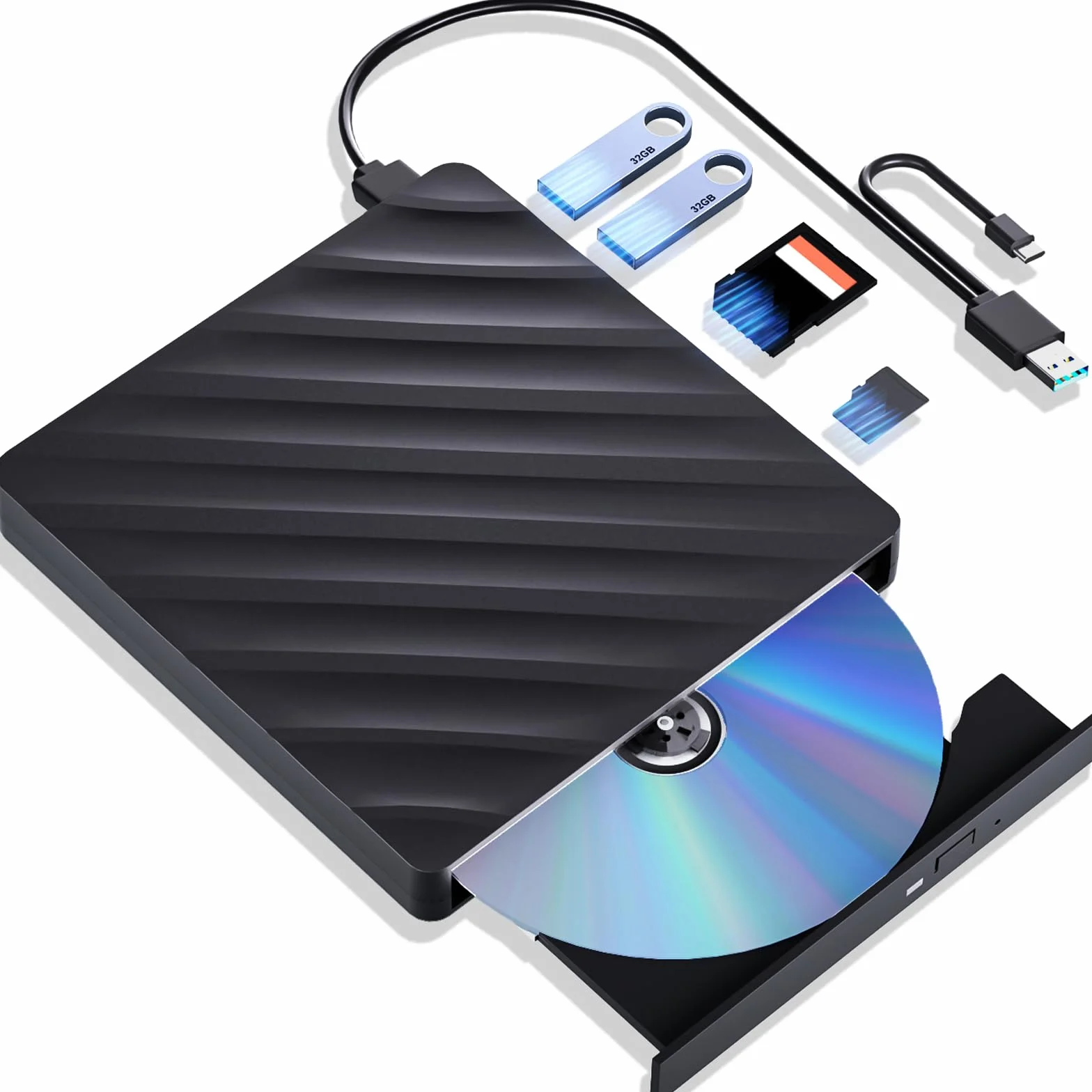 Wbacon Unidad Blu Ray externa, reproductor Blu Ray portátil 5 en 1 con USB 3.0 tipo C, grabadora de CD y DVD, grabadora Blu Ray 3D con puerto SD/TF, unidad Blu Ray compatible con Windows Laptop