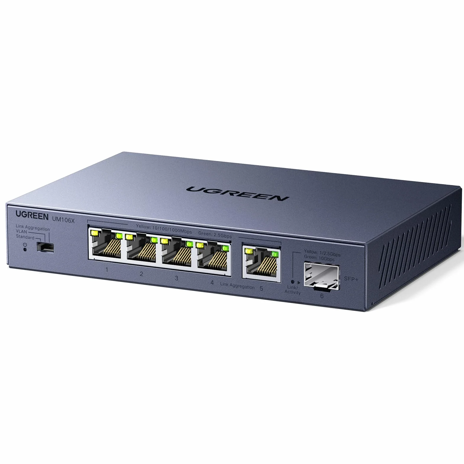 UGREEN 6 Puertos Switch Ethernet 5 Puertos Ethernet 2.5G 1 Puerto SFP+ 10G Switch RJ45 Carcasa Metal No Gestionado 4KV Multiprise RJ45 Montaje Mural para PC NAS Servidor Consola de Juegos Vídeo 4K/8K