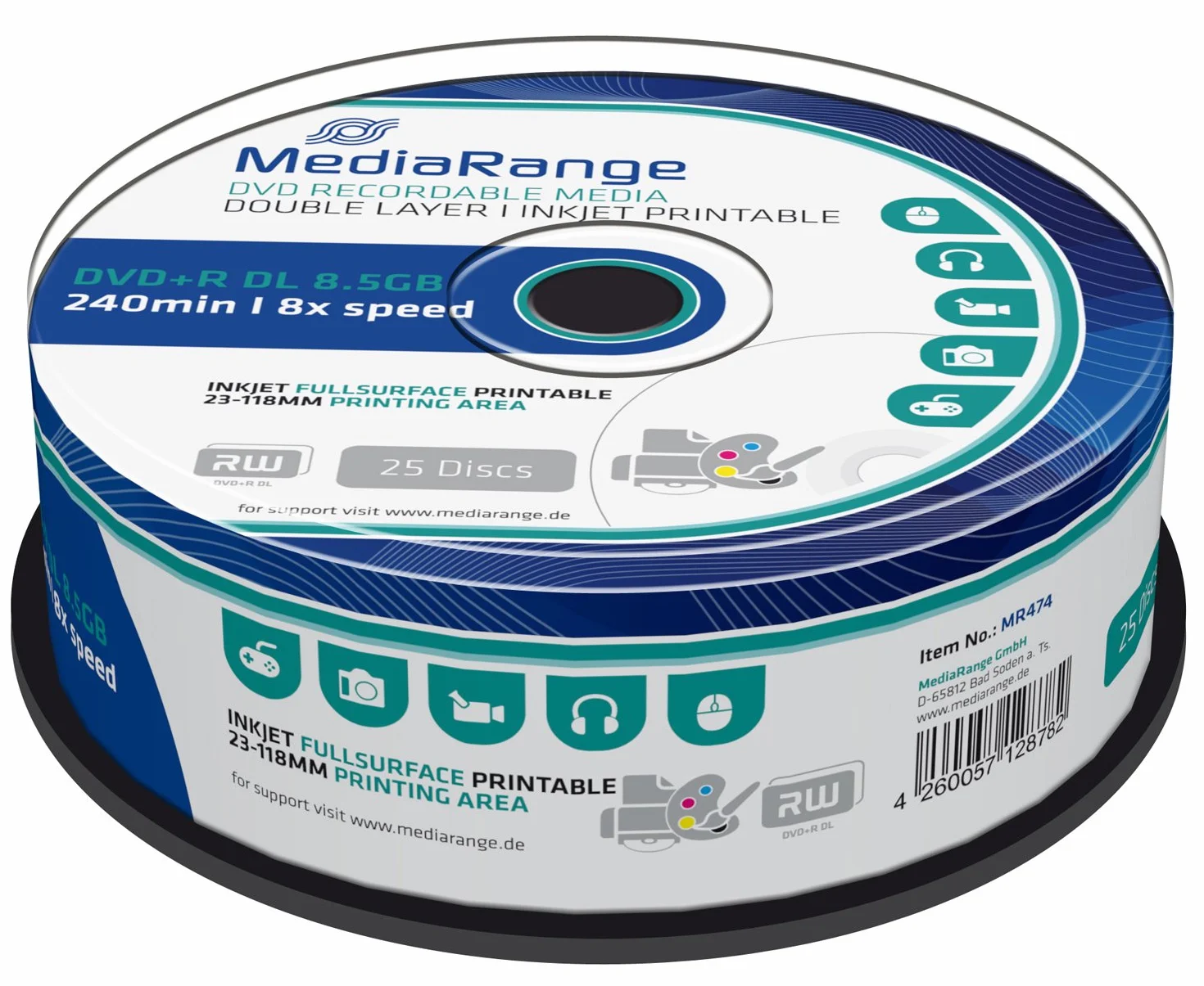 MediaRange MR474 - DVD+RW vírgenes de 8.5 GB (8X, 240 min, 25 Unidades)
