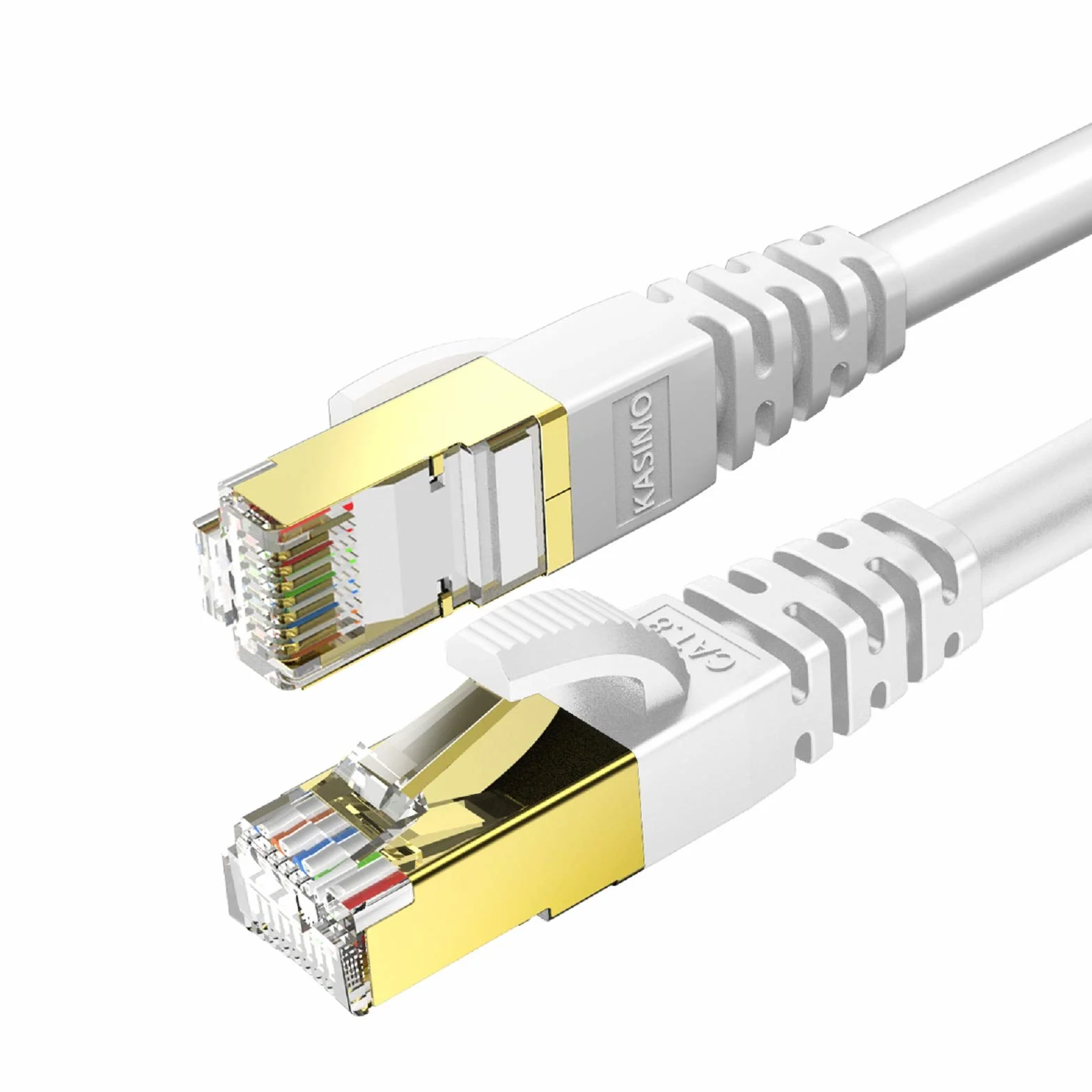 KASIMO Cable Ethernet 10 Metros De Red Cat 8 con Conector RJ45 Oro Alta Velocidad 40 Gbps / 2000 Mhz Internet LAN Blanco