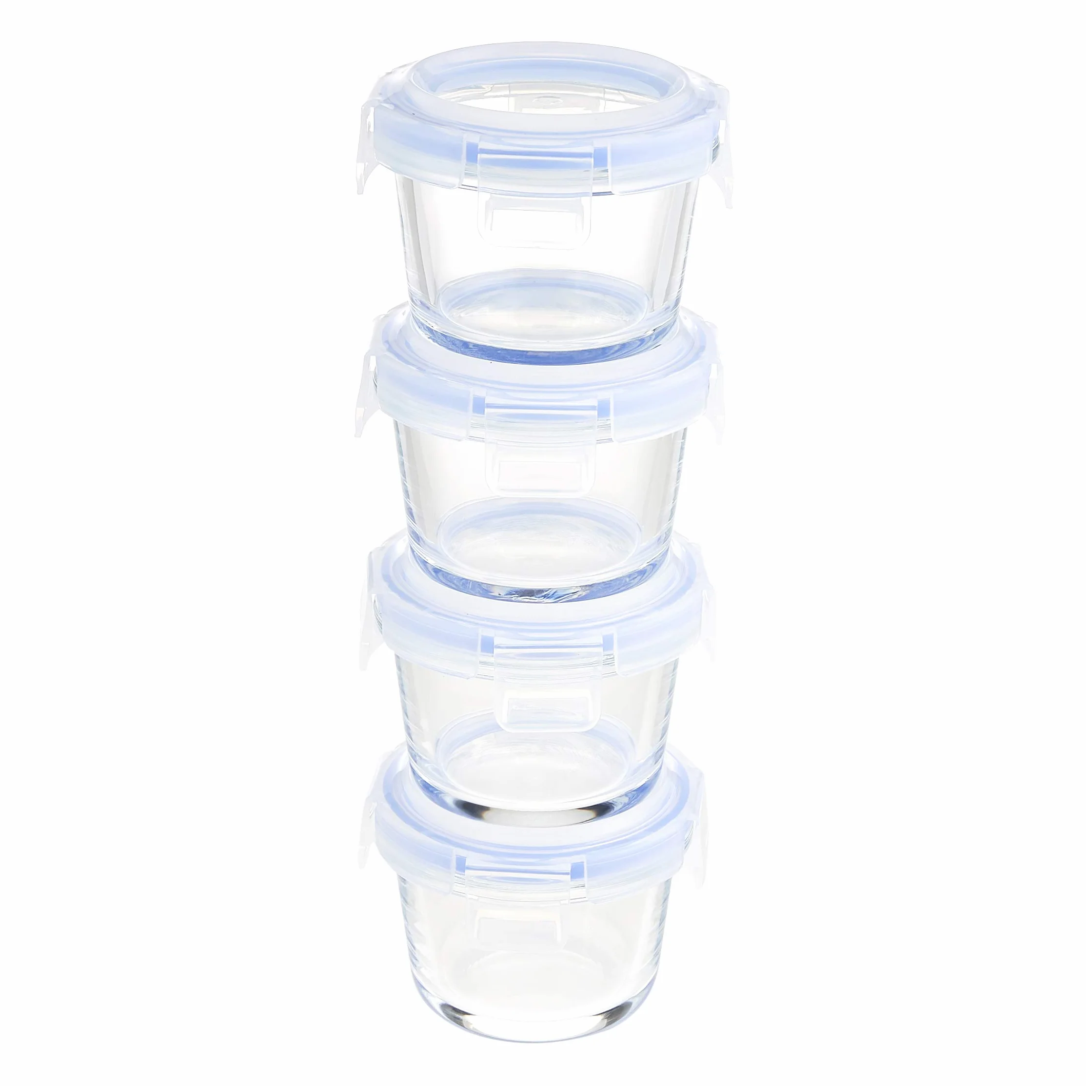 Amazon Basics ABL001 Pojemnik szklany przezroczysty z niebieską pokrywką 120 ml, 4 sztuki