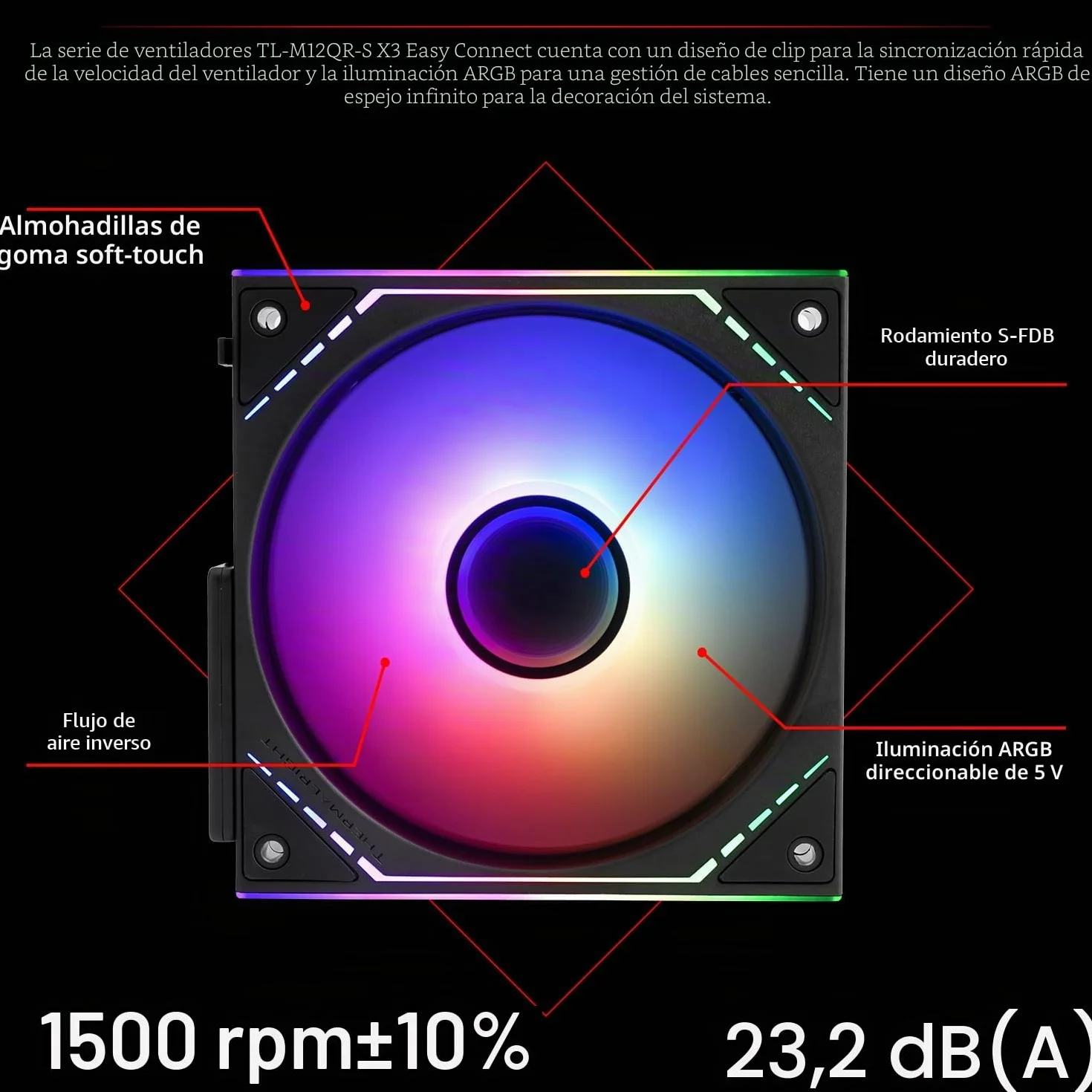 Thermalright TL-M12QR-S X3 - Ventilador de caja (120 mm, silencioso, función PWM, efecto de iluminación Infinity Mirror ARGB, diseño de hoja de ventilador inverso, módulo de chip de alimentación