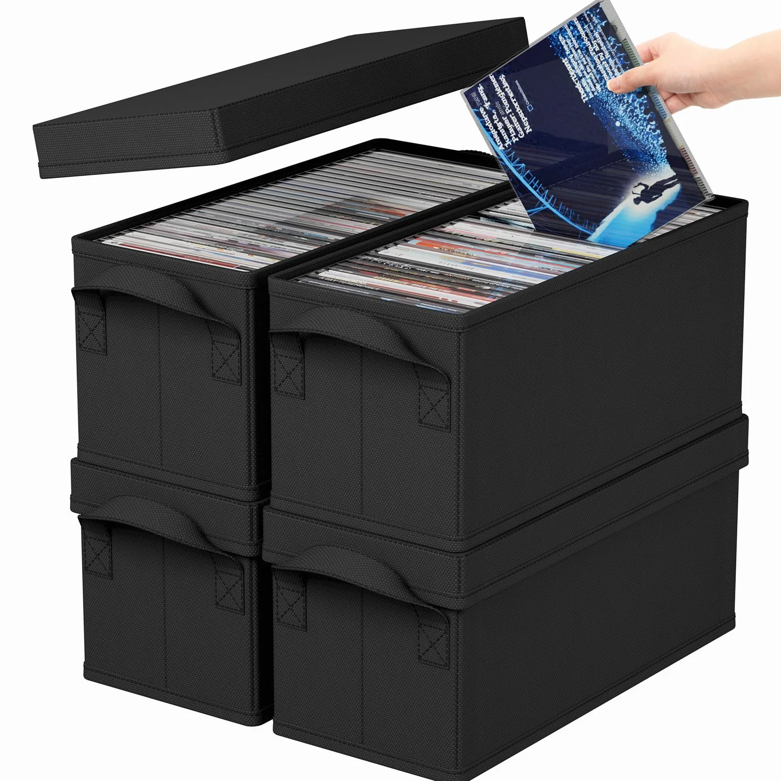 Lifewit 4 Piezas Cajas de Almacenamiento para CD Apilable, Caja Plegable con Tapa, Contenedor para hasta 120 CD (30 Cada uno), para Casa y Coche, Negro