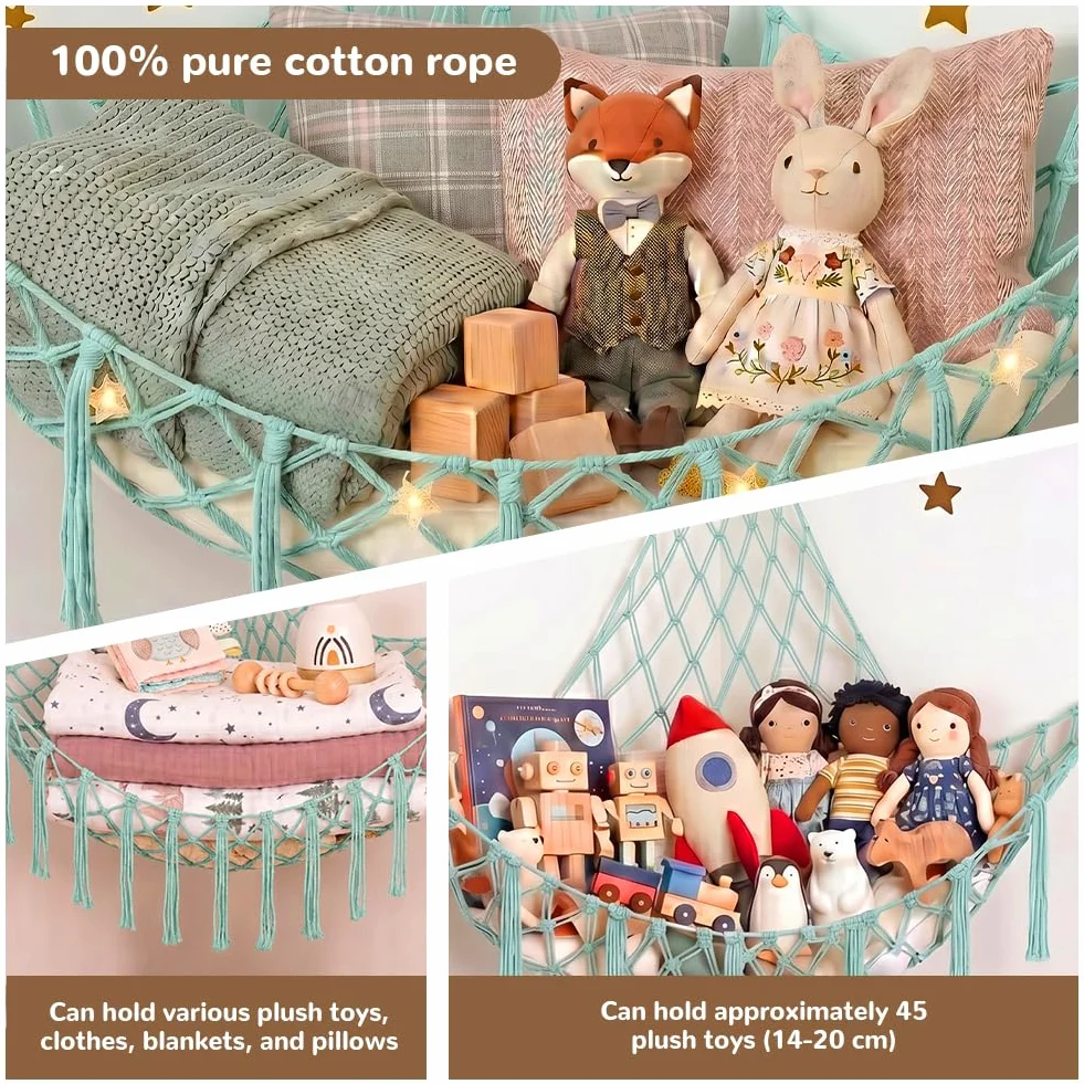 AUAUY Red de Almacenamiento de Peluche con Luces LED, Hamaca Boho Grande, Colgante Decoración Habitación Infantil Azul