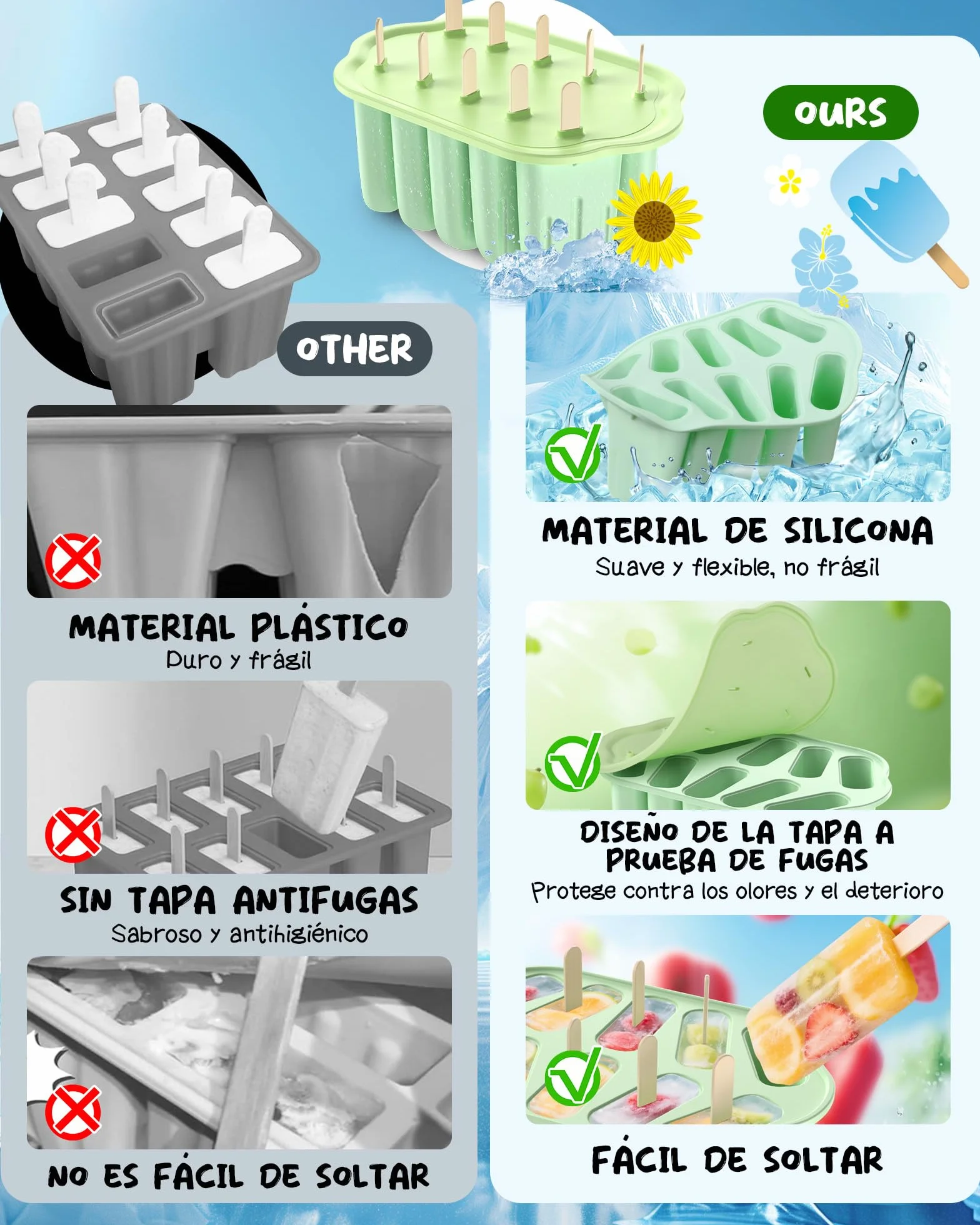 Moldes de silicona para helados 10 cavidades con tapa impermeable sin BPA
