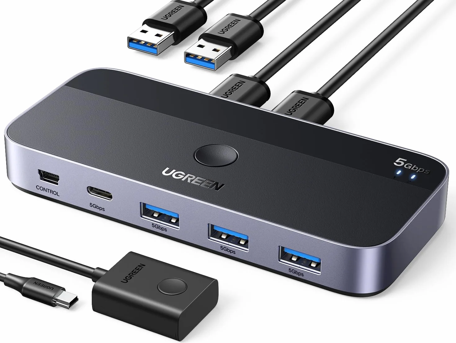 UGREEN KVM Switch 2 Entradas y 4 Salidas Conmutador USB 3.0 con 2 Cable para Compartir 4 Dispositivos de Teclado, Ratón, Memorias, Disco Duro, Impresoras, Escáneres, etc