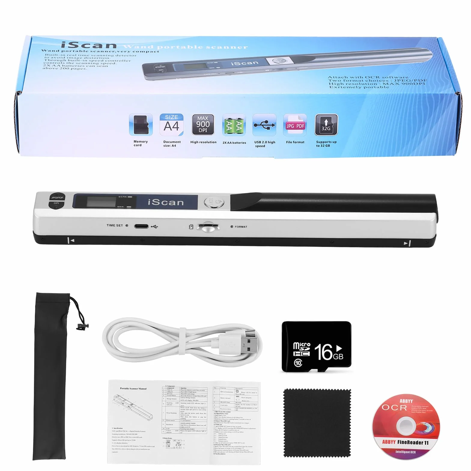 Escáner portátil de documentos 900DPI USB A4 color JPG PDF