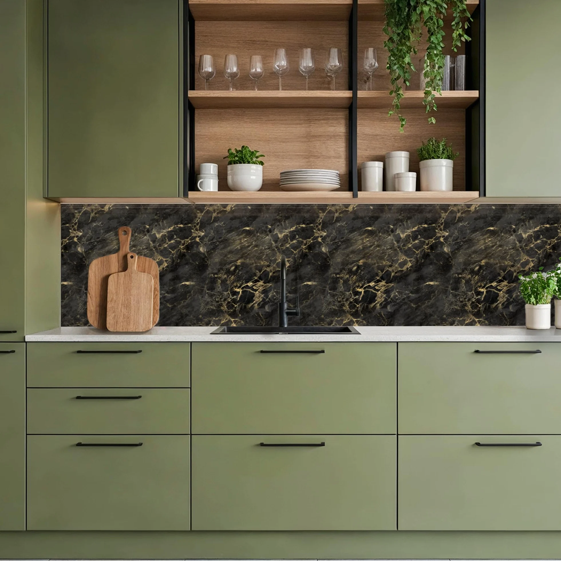 KitchenYeah Antisalpicaduras Cocina 80x400 cm Adhesivo Salpicadero Protector Negro Mármol Oro