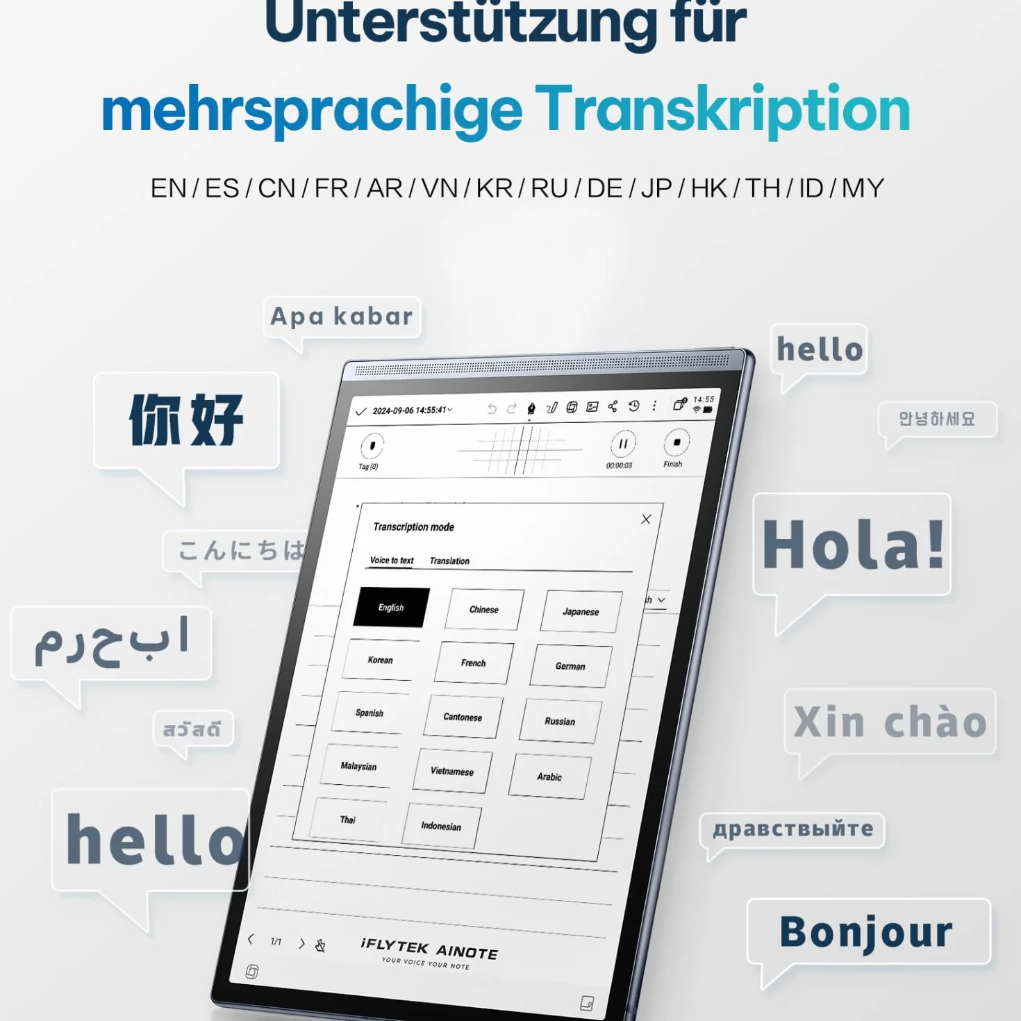 iFLYTEK AINOTE Air 2 de 8,2" Tableta de Tinta electrónica Toma de Notas y Papel Digital con lápiz óptico, grabación con IA, transcripción multilingüe, Lectura y gestión de tareas – Gris
