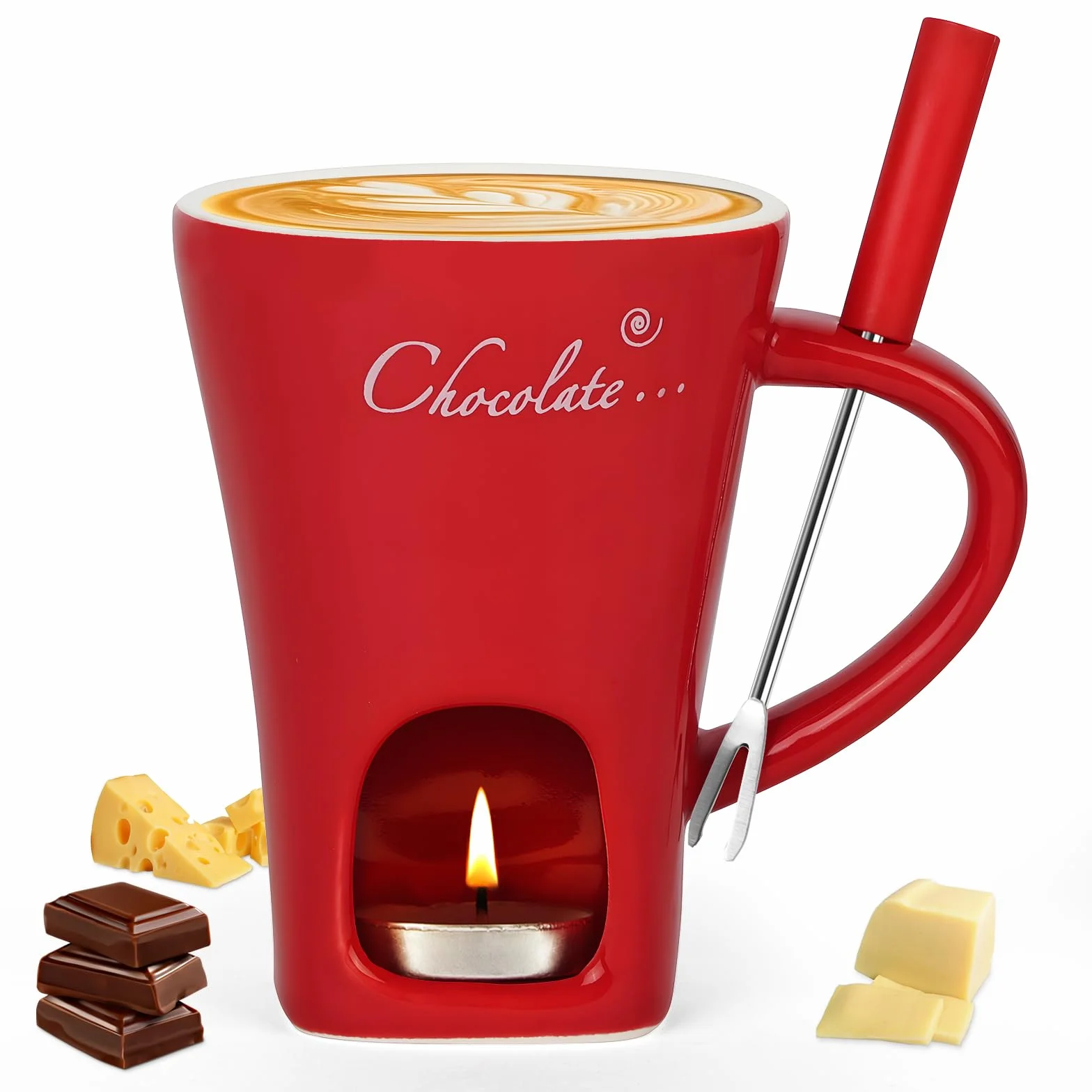 Vicloon Tazas de Fondue de Chocolate, 130 ML Taza de Fusión de Chocolate de Cerámica, Taza de Fusión de Queso con Tenedores, para Derretir Queso, Chocolates y Mantequilla (Rojo)
