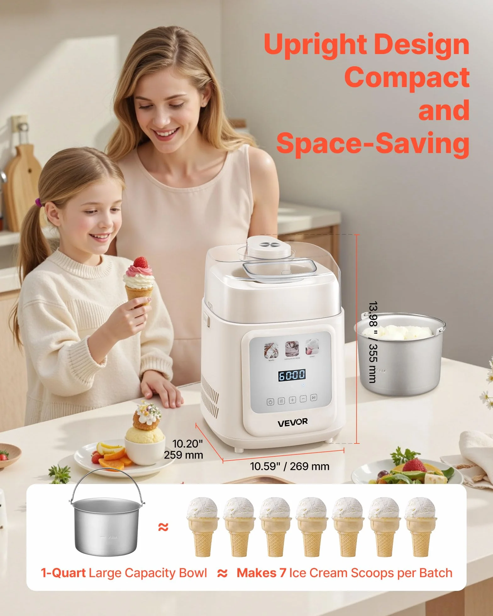 VEVOR Máquina para Hacer Helados 1 L con Compresor Incorporado Heladera Automática Vertical 4 Modos
