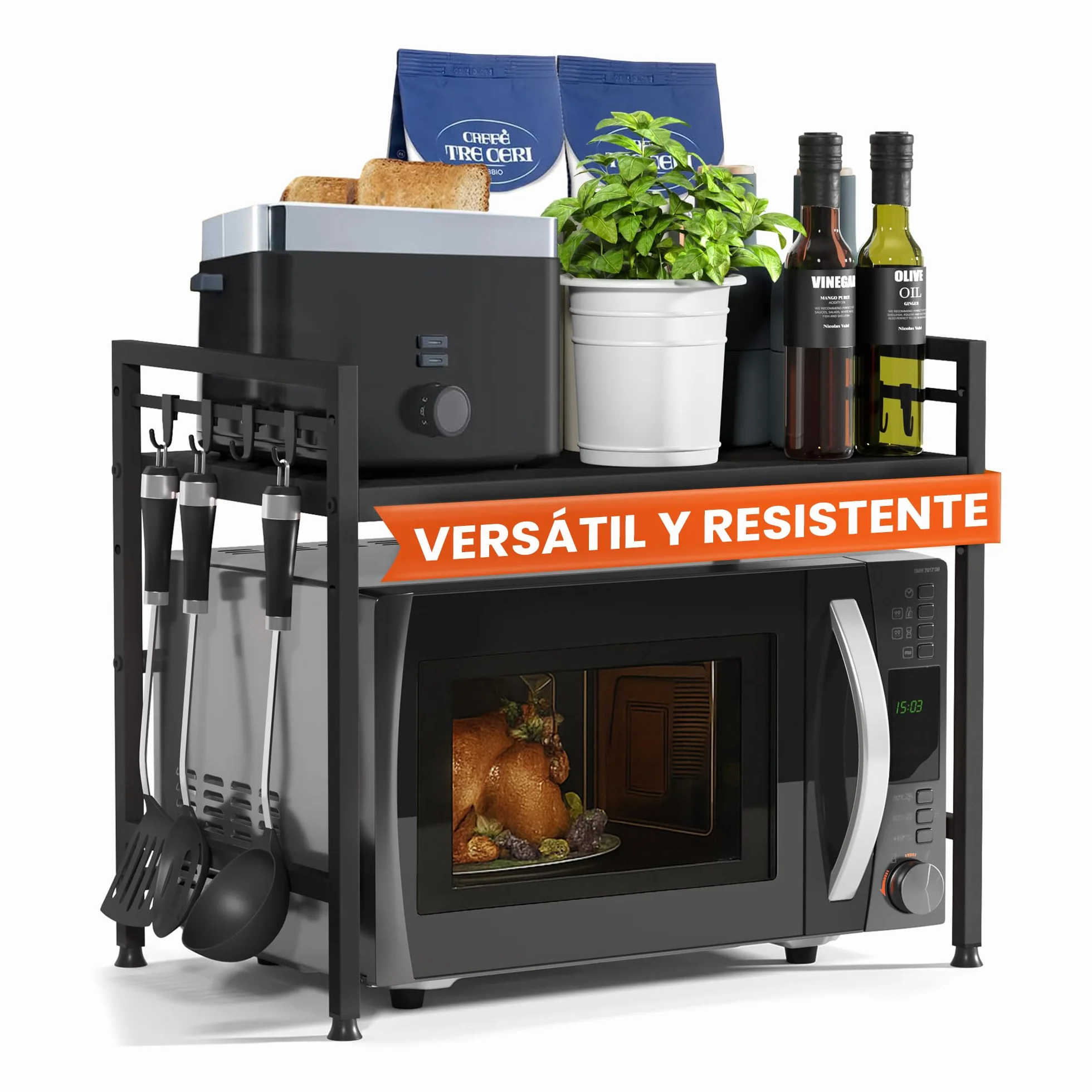 Heldenwunder Estantería Microondas Estantes Cocina Acero (2 Niveles) | Mueble Microondas Horno Estanterias Almacenaje Organizador Estante Panadería Ajustable + Instrucciones en Vídeo, Ganchos – Negro