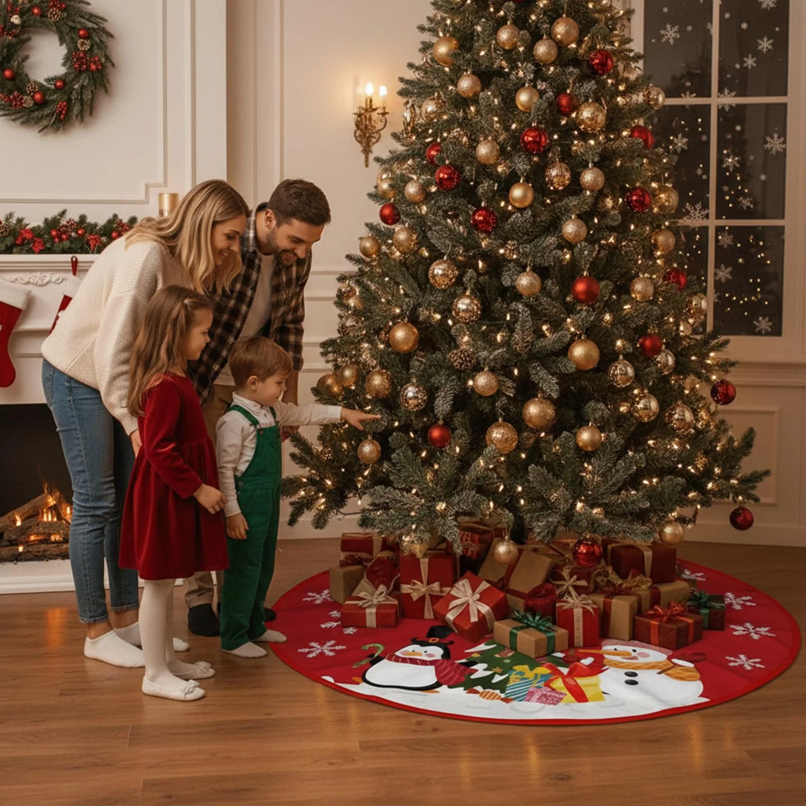 Manta para Árbol de 90cm Cubre Pie y Base Roja Muñeco de Nieve Decoración Navidad