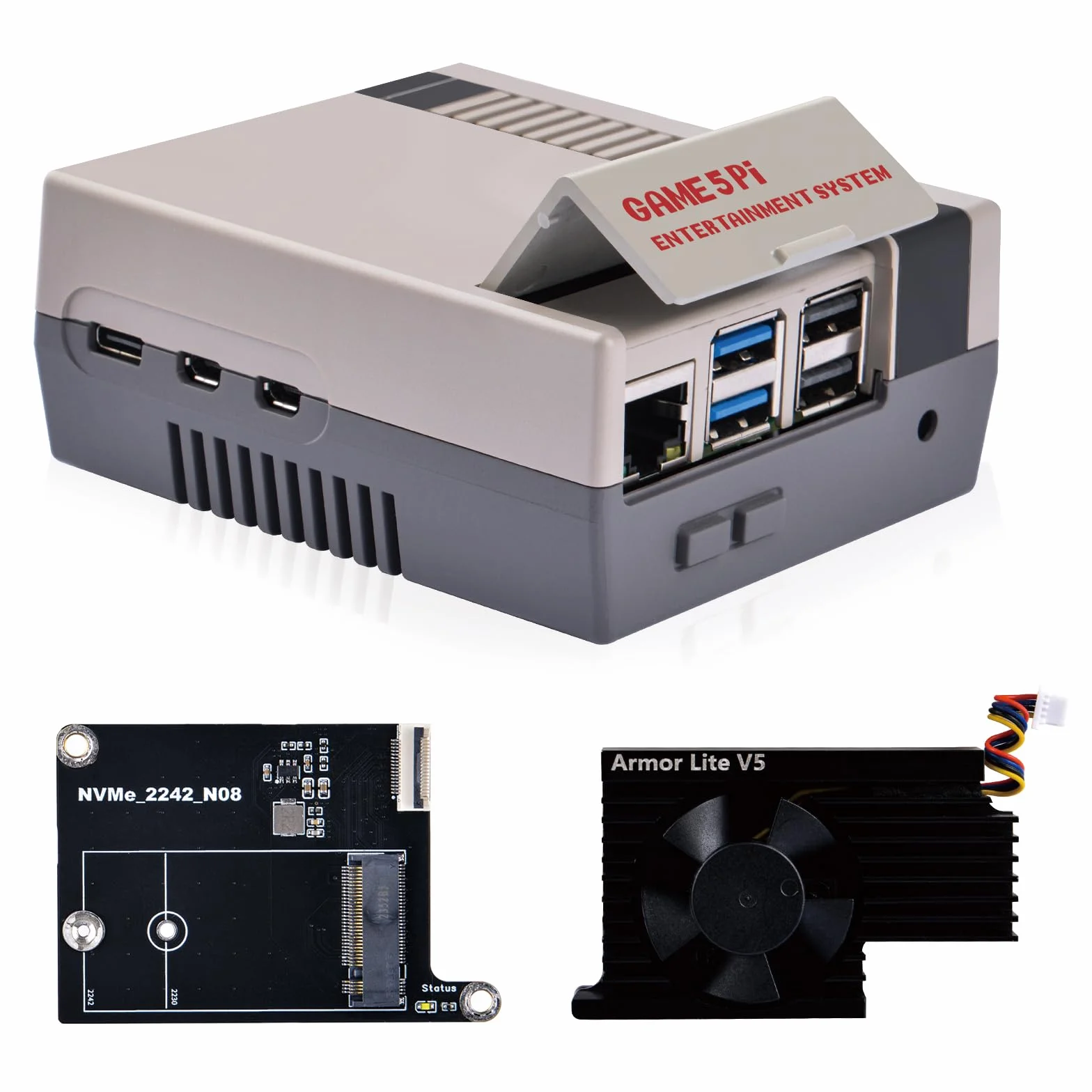 GeeekPi Funda retro Game5Pi con placa M.2 NVMe PCIe N08 y Armor Lite V5 Active Cooler para Raspberry Pi 5