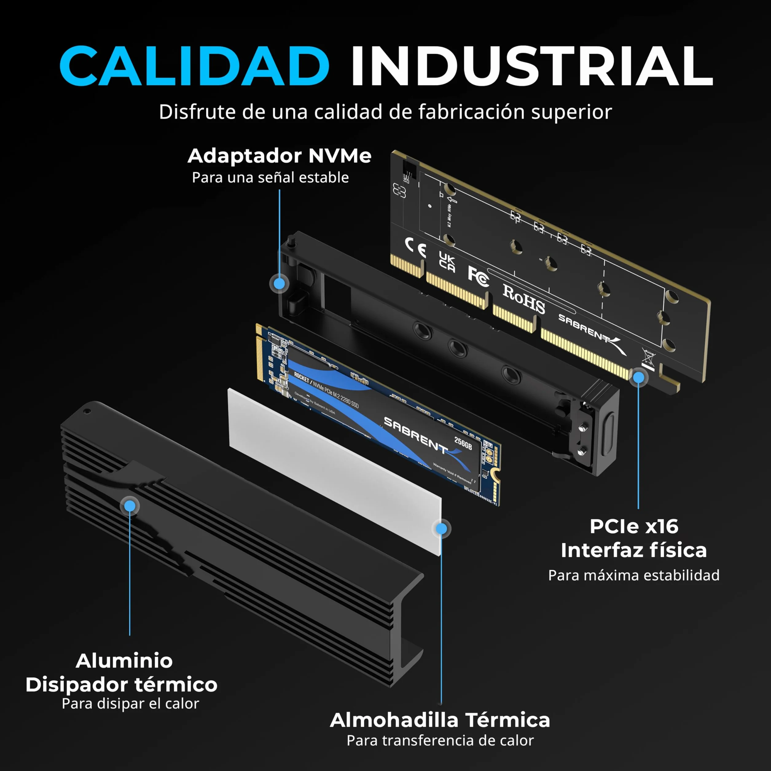 SABRENT Adaptador M.2 NVMe SSD a PCIe X16 Sin Herramientas | Con Disipador de Calor de Aluminio, Adaptador PCIe para SSD Gen5 PCIe 5.0, Compatible con Generaciones Anteriores (EC-TFPE)