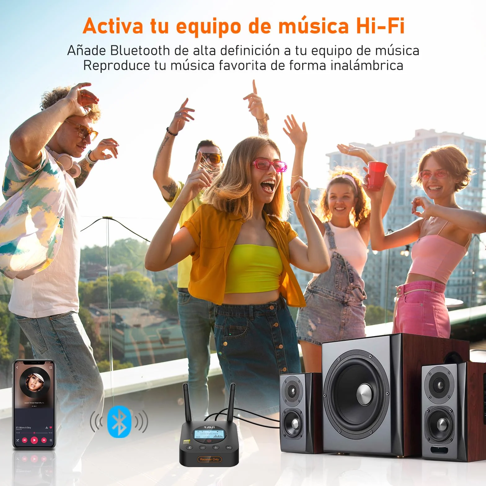 1Mii B06Pro+ Receptor Bluetooth 5.3 HiFi, Adaptador Audio Hi-Res LDAC, aptX Baja latencia/HD con Pantalla LCD, Salida Óptica AUX 3.5mm, Control Volumen, Largo Alcance 60m para Estéreo, Amplificador