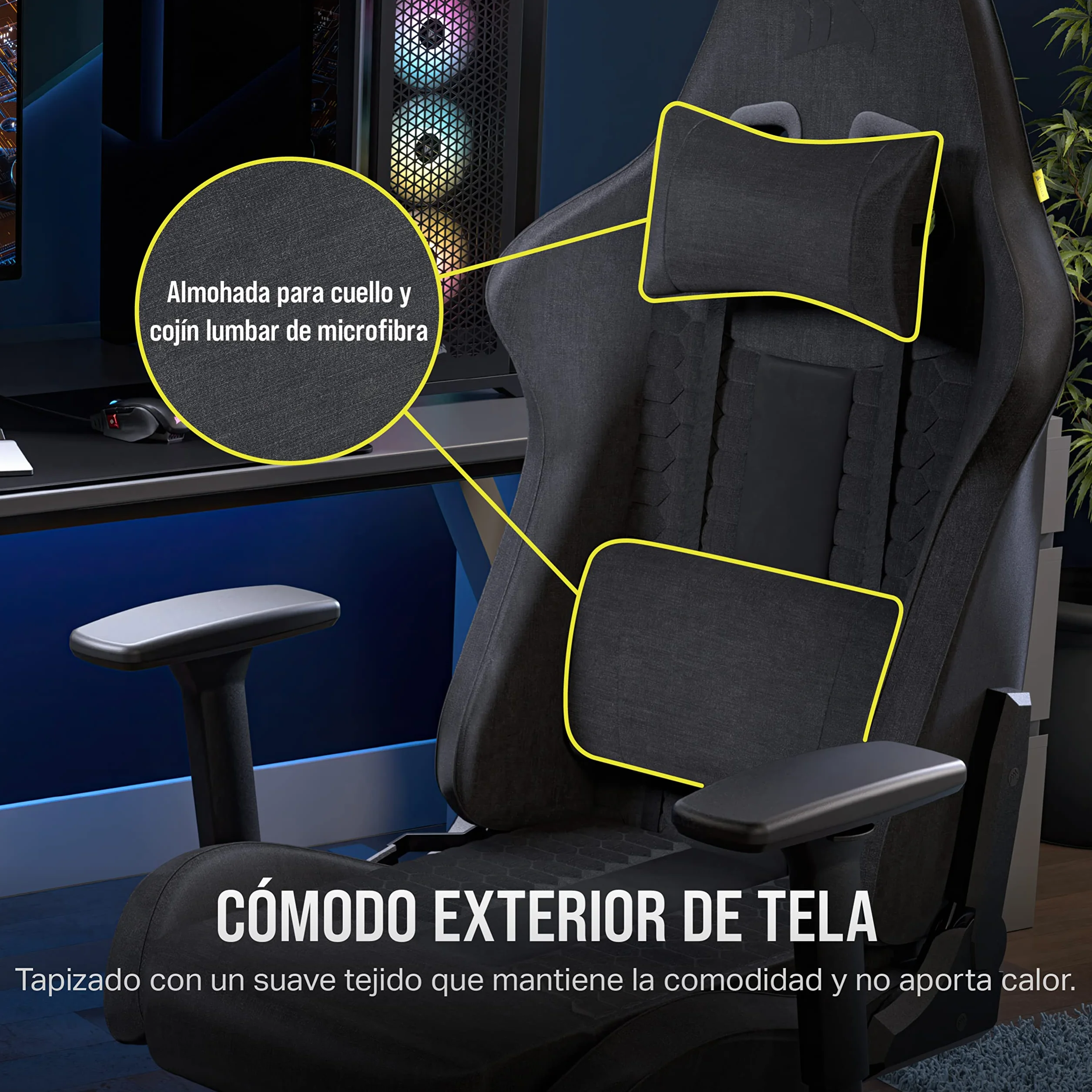 Corsair TC100 Relaxed Silla para Juegos Gris y Negro Tela Cojín Lumbar Almohada Cervical Espuma Viscoelástica