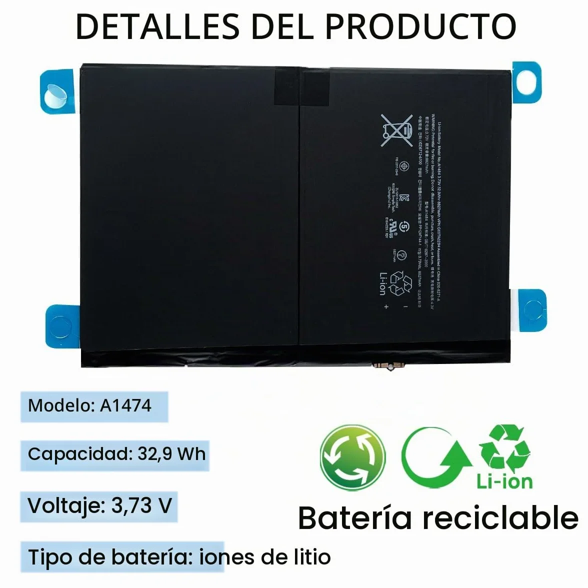 Batería A1484 A1474 Compatible con iPad Air 1 iPad 5. 7. 8. 9. 5 7 8 9 A1474 A1475 A1476 A1822 A1823 A1893 A1954 A2197 A2198 A22000 A227. 0 A2428 A2429 A2430 con herramienta de instalación