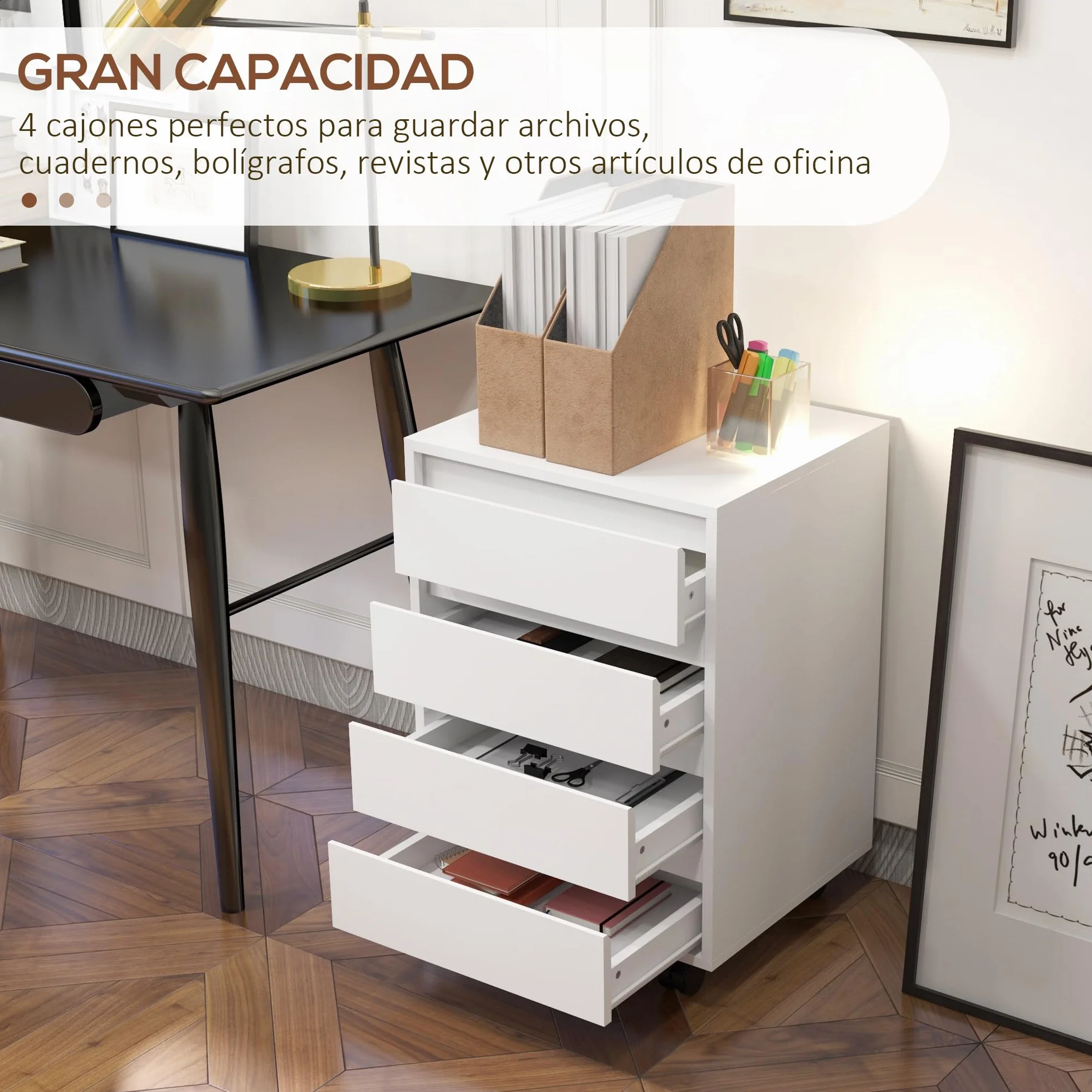 HOMCOM Cajonera de Oficina 4 Cajones con Ruedas Archivador Móvil 46x40x65 cm Blanco