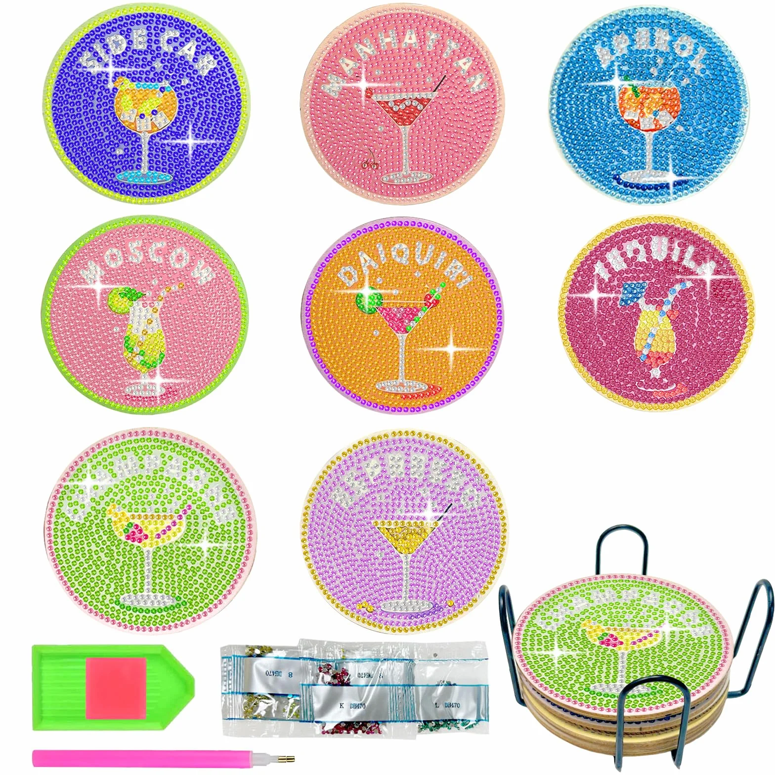 Juego de 8 Posavasos de Diamantes con Soporte, Posavasos Pintados a Diamante, Manualidades Adultos, Decoración Mesa, Redondos Base Corcho, Regalo
