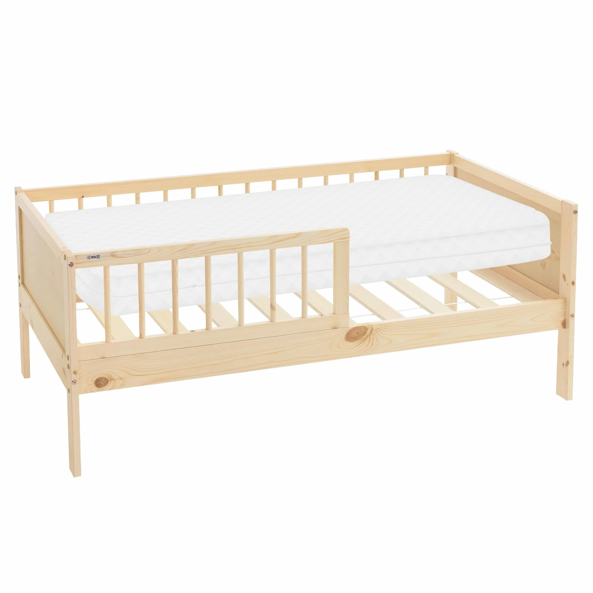 ML-Design Cama Infantil Natural con Colchón De Espuma Fría 70x140cm Madera de Pino Maciza con Somier de Láminas y Protección Anticaída Estructura Robusta Mueble de Dormitorio para Niños/Bebés