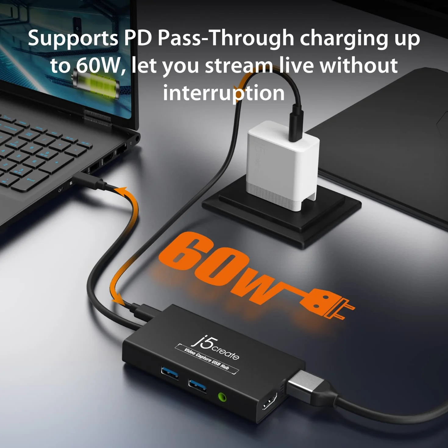 j5create Tarjeta de Captura de vídeo con Carga de Paso PD 60W, hub multifunción Incorporado, Apto para Streaming, transmisión en Vivo, videoconferencia, enseñanza, Juegos (JVA01)