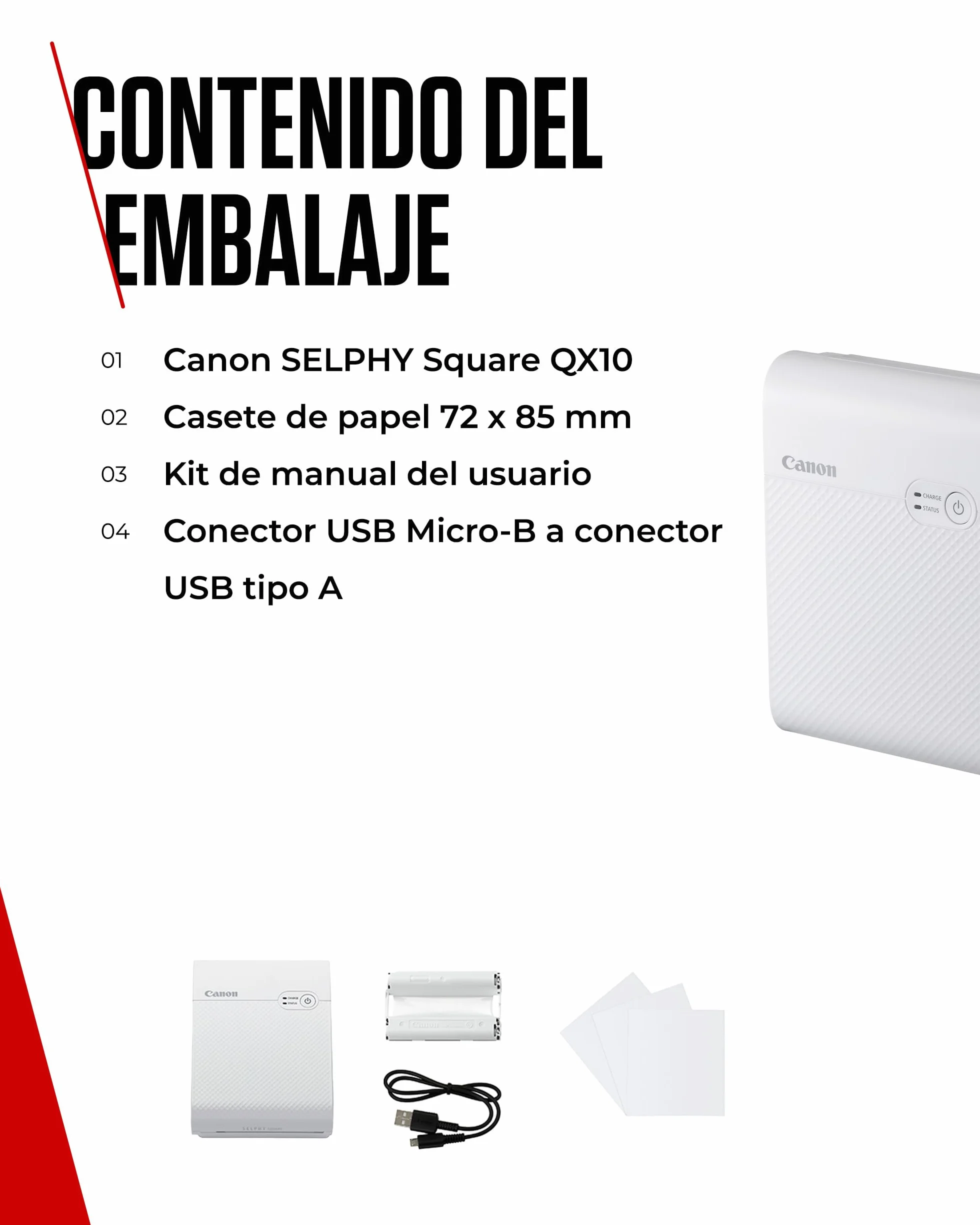 Canon SELPHY QX10, Impresora Fotográfica Instantánea y Portatil por sublimación de tinta, Conexión inalámbrica (Wi-Fi) a Smartphone y Tablet, Papel Cuadrado XS-20L (68 X 68 mm), Blanca