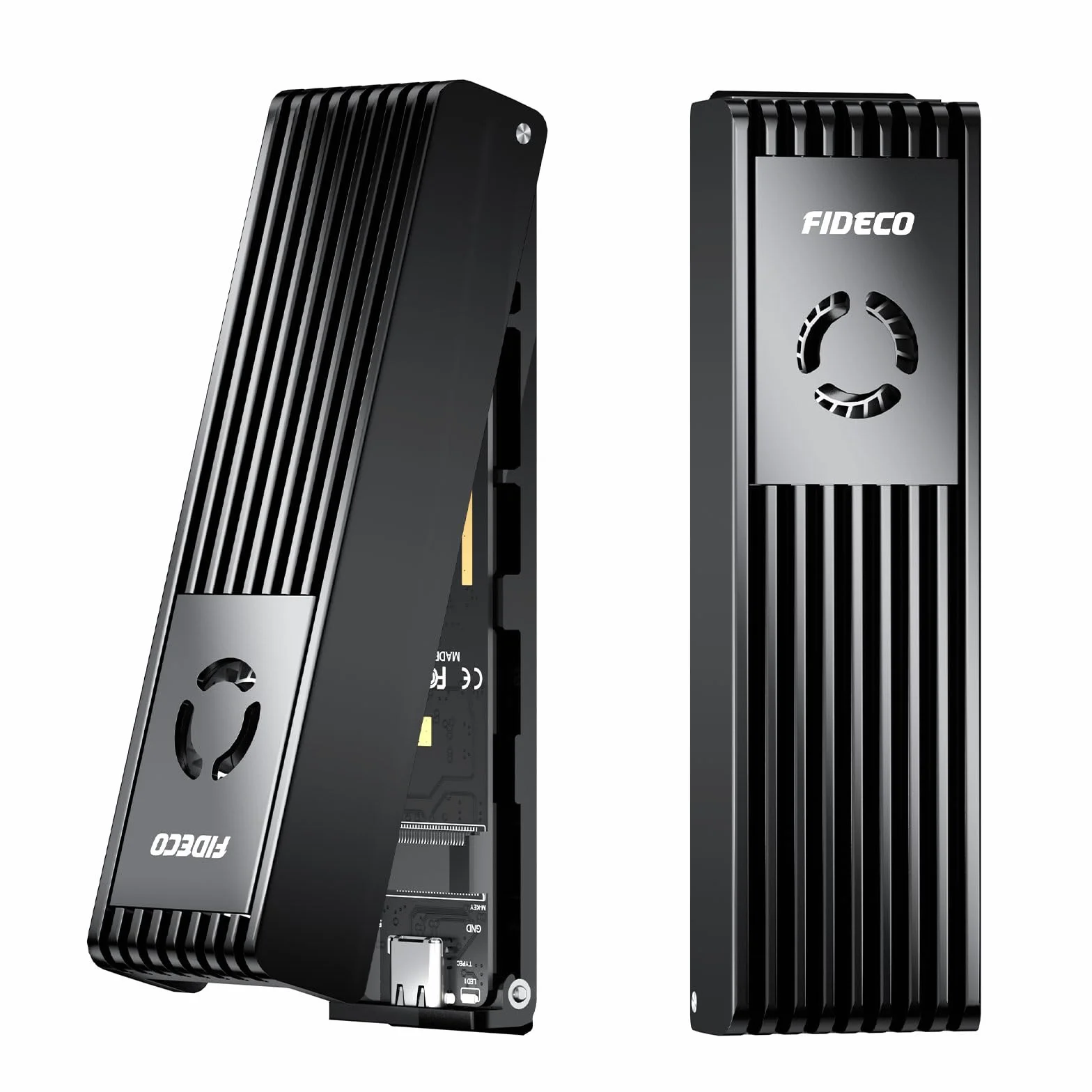 FIDECO Carcasa SSD NVMe SATA M.2, Caja NVMe USB con Ventilador, 10Gbps USB 3.2 Gen 2 para PCIe M-Key/M+B Key, Soporte UASP y Trim, Instalación sin Herramientas, Aluminio, Negro