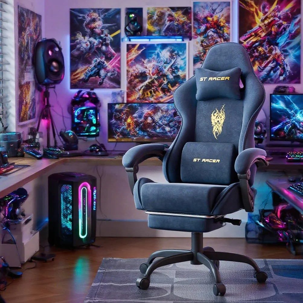 Huracan Silla de Gaming ergonómica, Terciopelo de Microfibra, Altura Regulable, reposabrazos Ajustables, Masaje, cojín Lumbar, reposapiés (Gris)