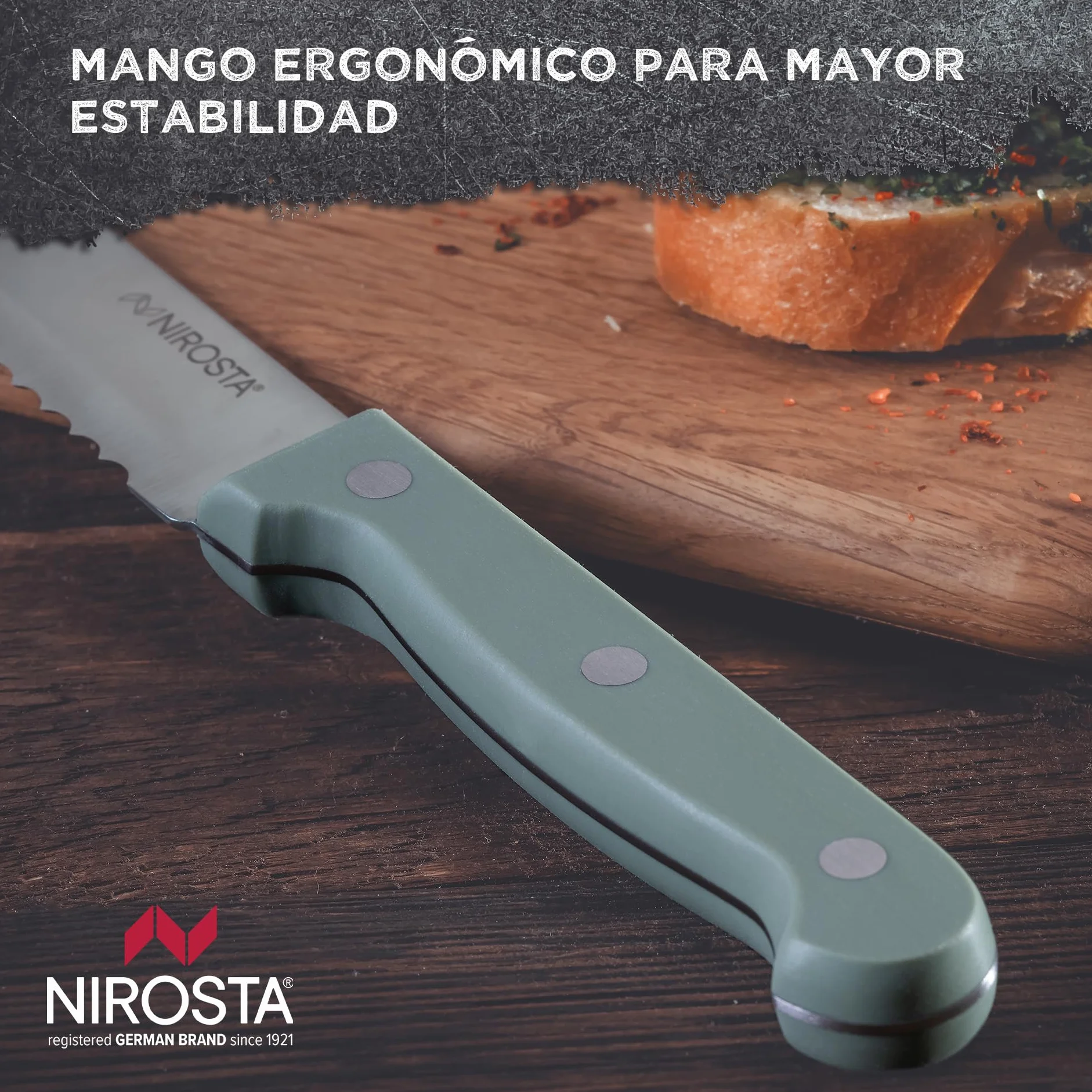 Nirosta Trio Cuchillo de Pan 32 cm, Hoja 20 cm Acero Inoxidable CCr, Mango POM, Corte Preciso, Verde Smoke