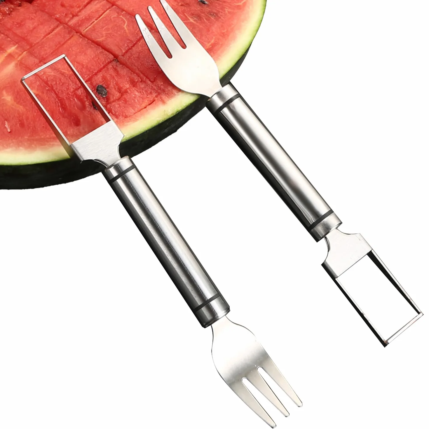 WUBAYI Cortador de frutas de acero inoxidable 2 en 1, cortador y cortador de melón de doble cabeza, cortador de cubos de sandía con tenedor, herramienta de corte de frutas de verano (paquete de 2)