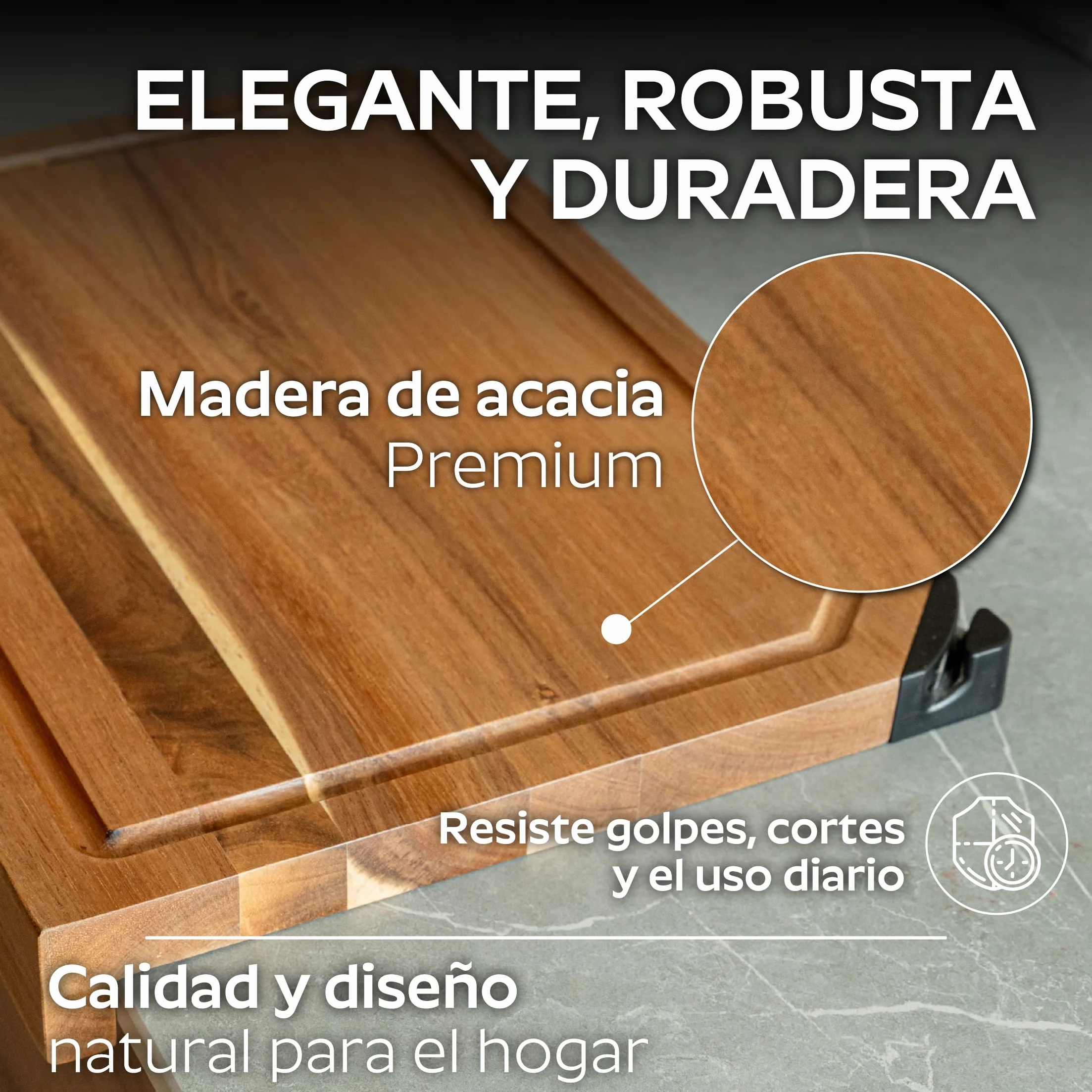 Tabla de Cortar Madera de Acacia con Afilador Integrado 35x25 cm Antideslizante