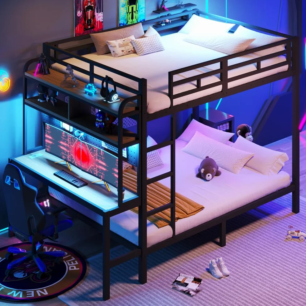 Lubvtti Litera de hierro para niños, 140 x 200 cm, con tira de luz LED, puerto USB, escritorio, compartimento de almacenamiento, cama infantil, estructura de cama de matrimonio (negro)