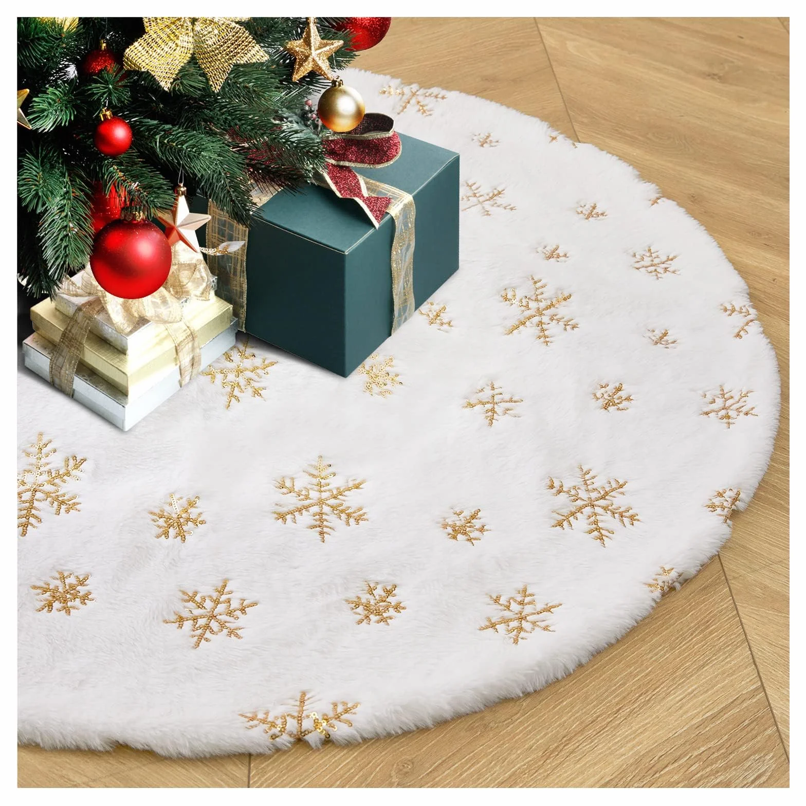 Falda para Árbol de Navidad de Felpa Blanca Suave 90 cm Copos de Nieve Dorados Extra Gruesa