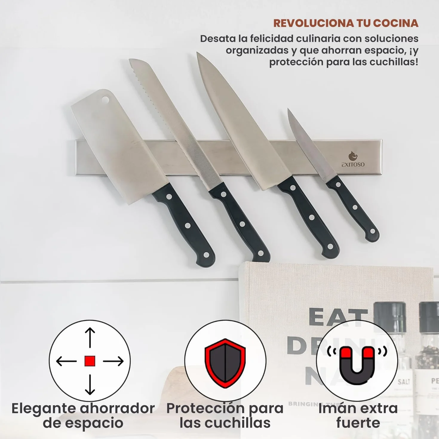 EXITOSO Barra Magnética para Cuchillos de Cocina Acero Inoxidable Adhesiva sin Perforación